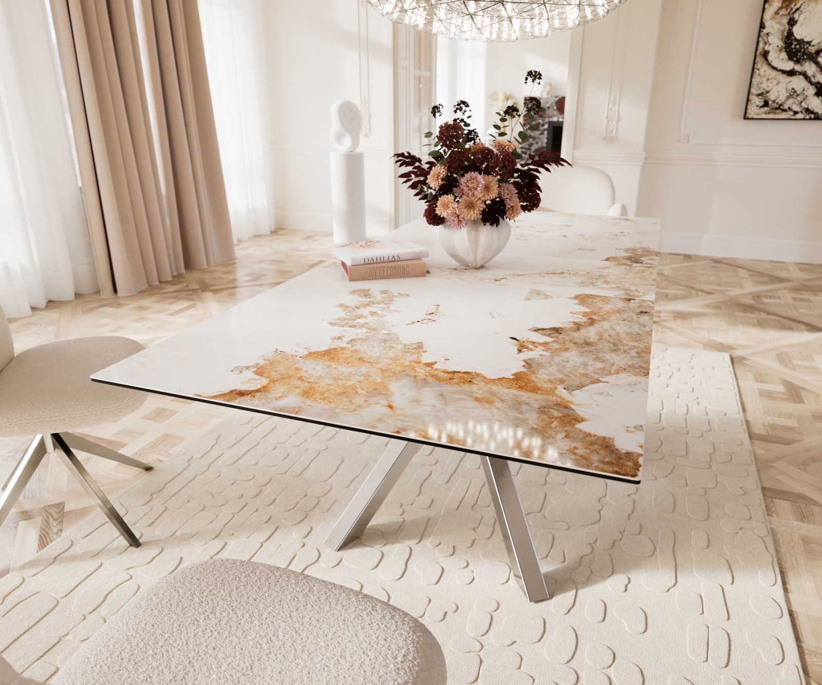 Eetkamertafel Edge 180-220x100 keramiek Minas Melange wit-beige kruisframe rechthoek RVS uitschuifbaar 8