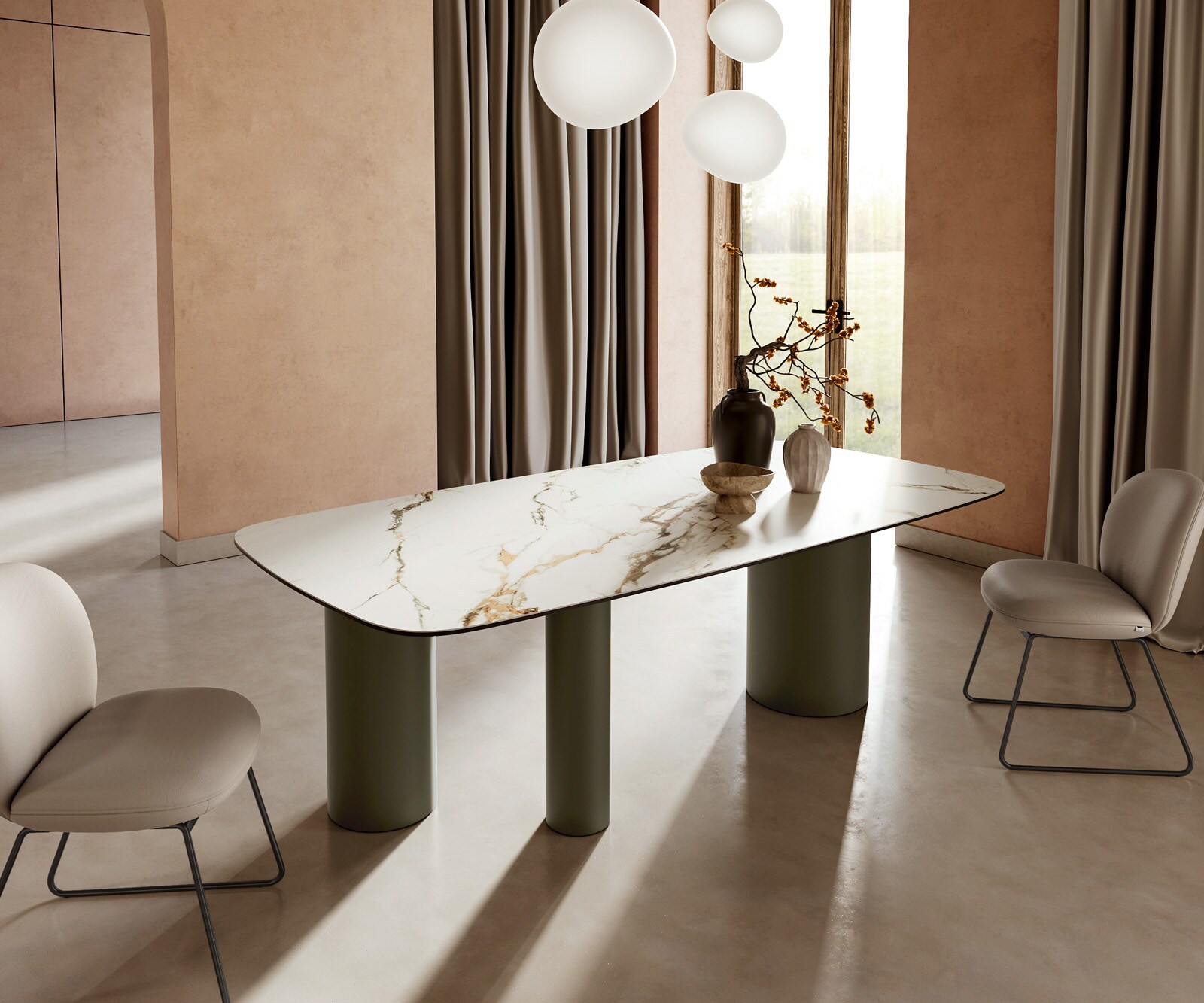Eettafel Edge boot 240x120cm keramiek Calacatta Luxe wit-goud-grijs Troa metaal effect afwerking titanium 1