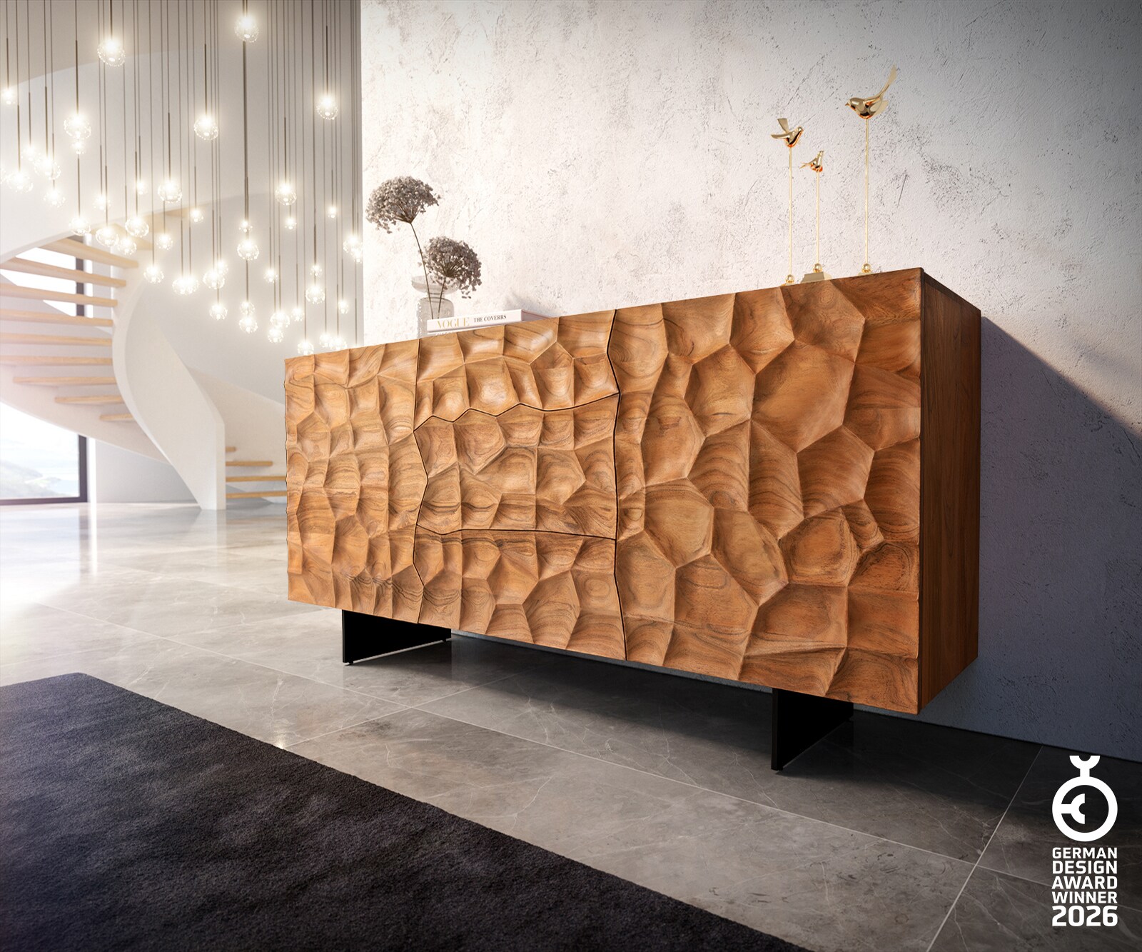 Dressoir Solu 175 cm acacia natuur 2 deuren 3 laden onderstel zwevend metaal zwart 3D-front