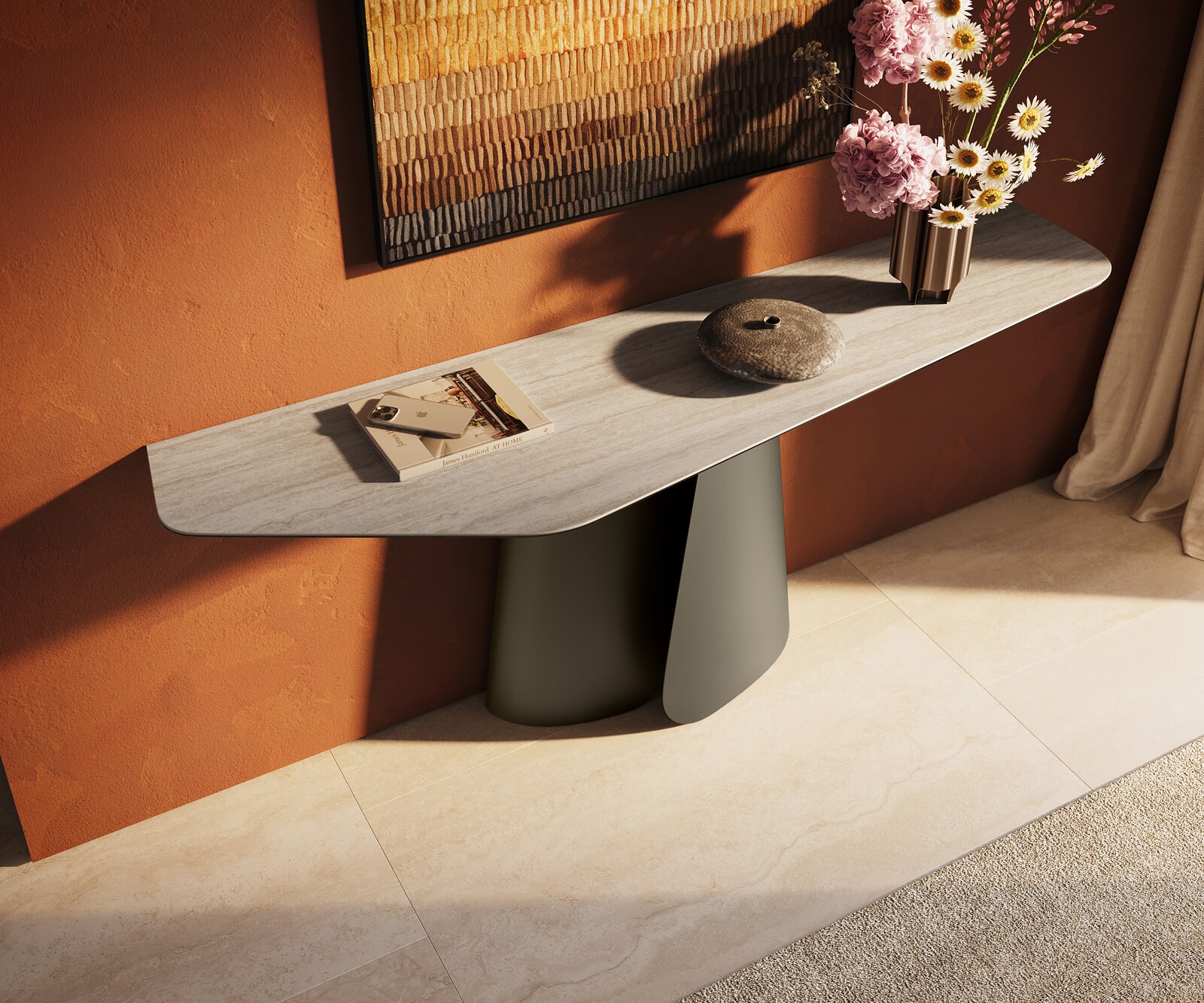 Consoletafel Edge Polygonaal 180x50 cm Keramiek Laminam® Travertino Bianco Creme-Weiß Livos Metaal Effektfinish Titan 4