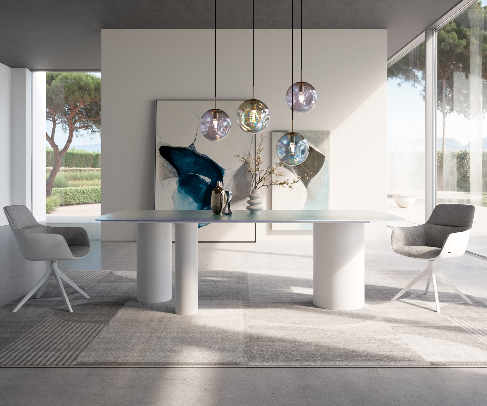 Eettafel Edge Boot 240x120 Reliefglas Perlmutt 3D-Design Troa metaal wit 1