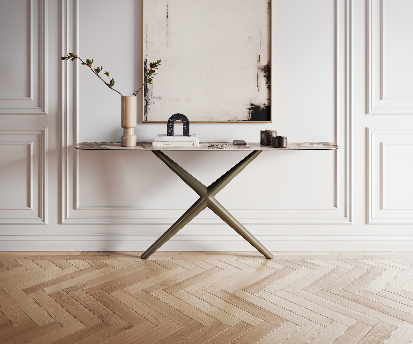 Consoletafel Edge Bootvorm 180x40 cm Keramiek Patagonia Poliert Estelo Metaal Effektfinish Titan 1