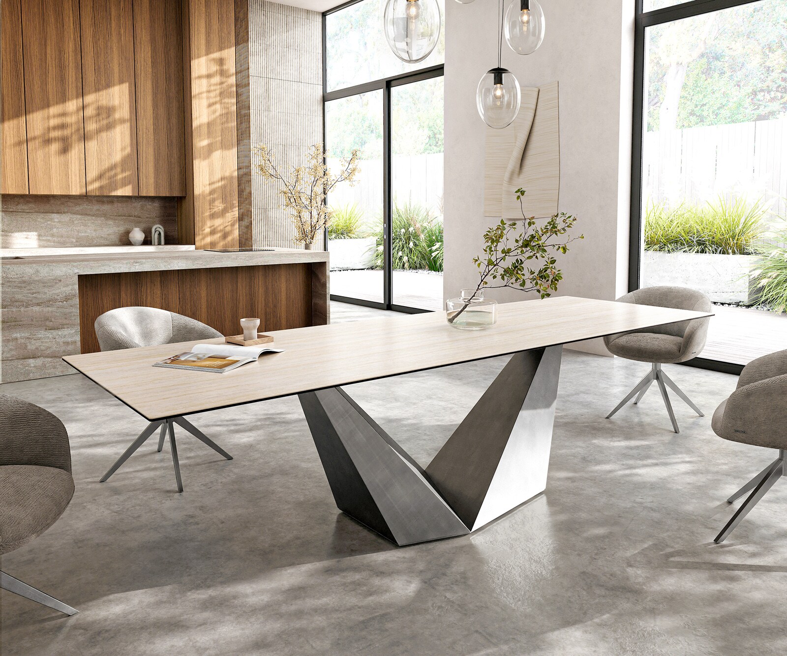Eettafel Edge 300x100 keramiek  Laminam® Travertino Bianco Creme-wit Prisma metaal zilver 1