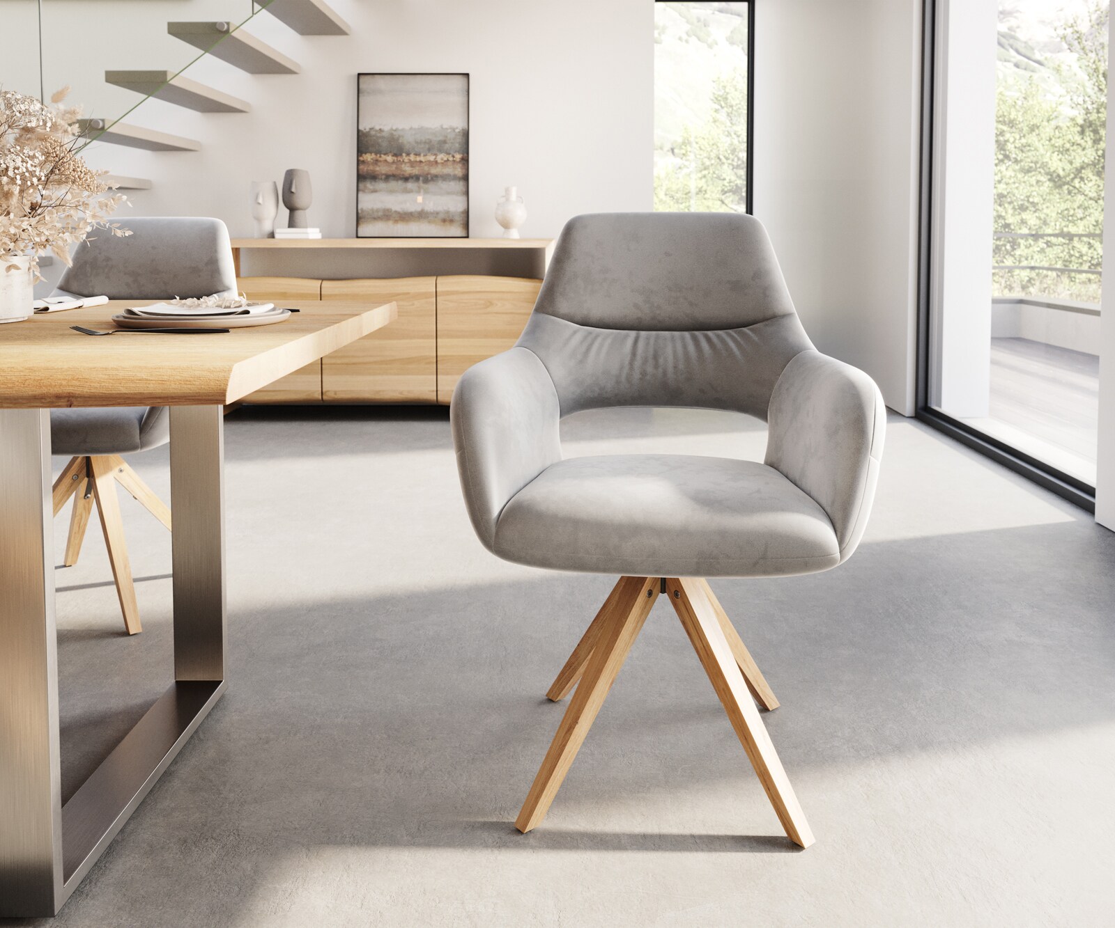 Eetkamerstoel Yago-Flex met armleuning fluweel grijs houten frame hoekig natuur pocketveer kern 1 Eetkamerstoel Yago-Flex met armleuning fluweel grijs houten frame hoekig natuur pocketveer kern 1