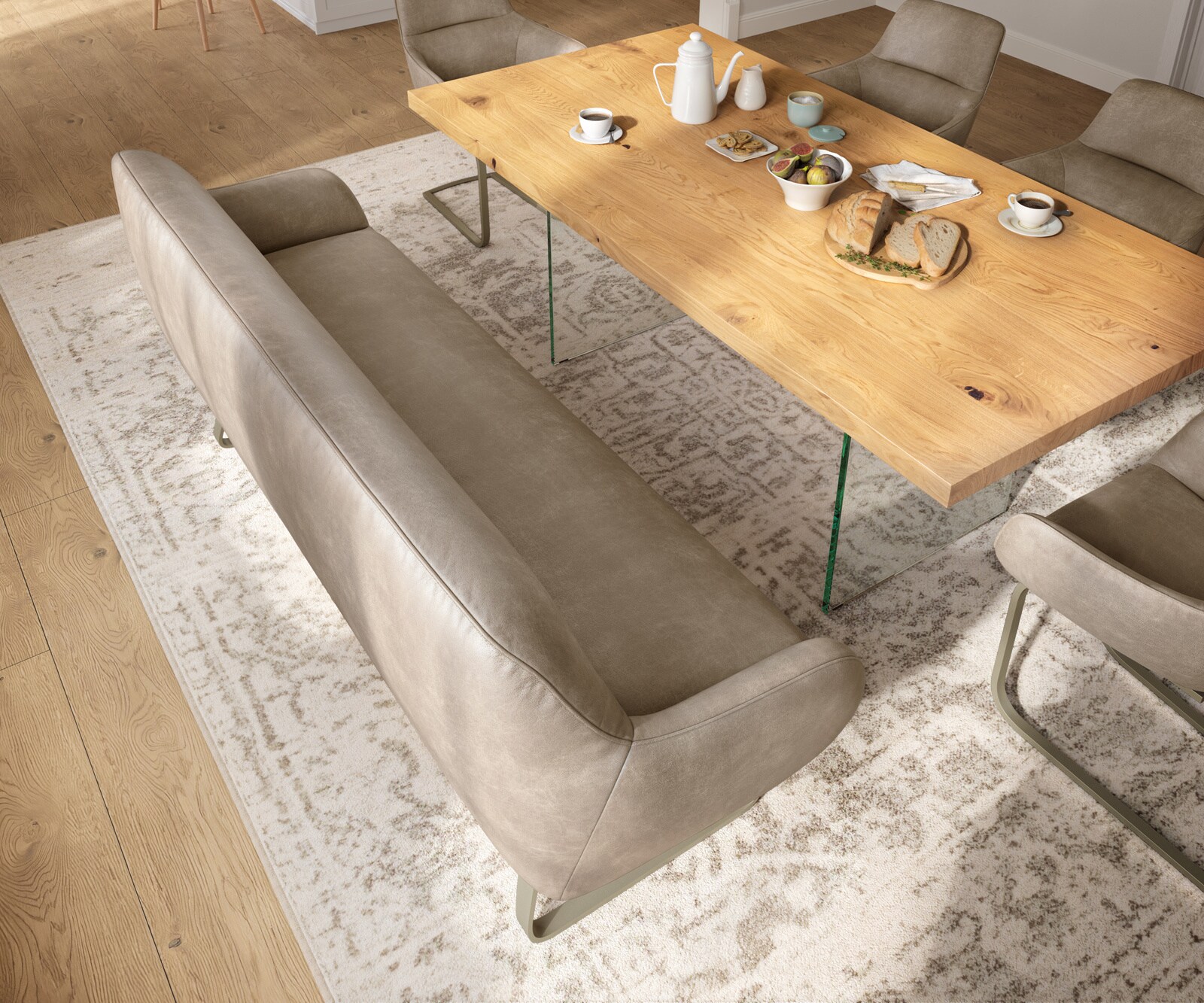 Eetkamerbank Taya-Flex 200 cm microvelours beige vintage platte sledebasis afwerking met titaniumeffect pocketvering 3