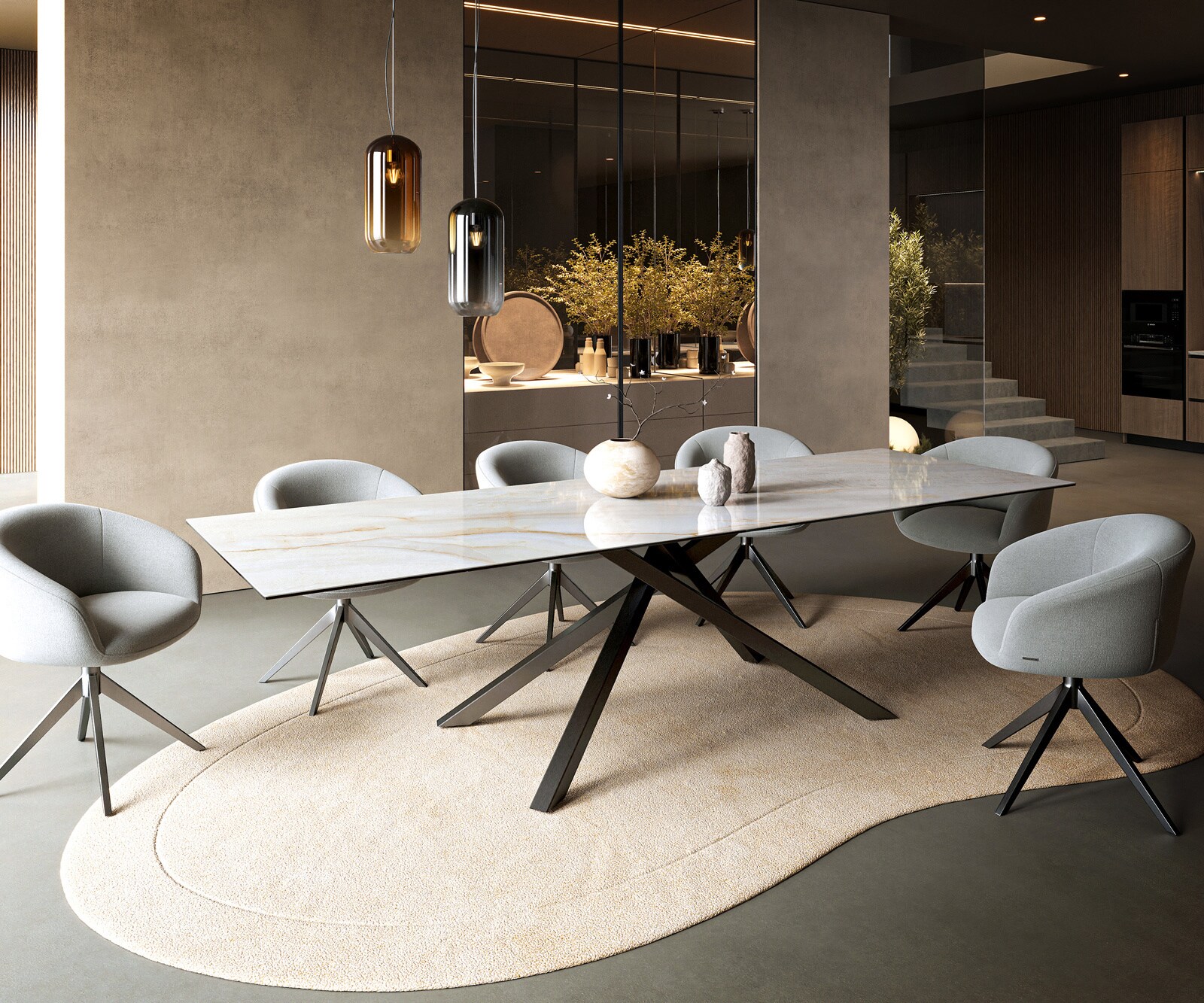 Eettafel Edge 300x100 cm keramiek Onyx Pearl kruisframe rechthoekig roestvrij staal grafiet 6