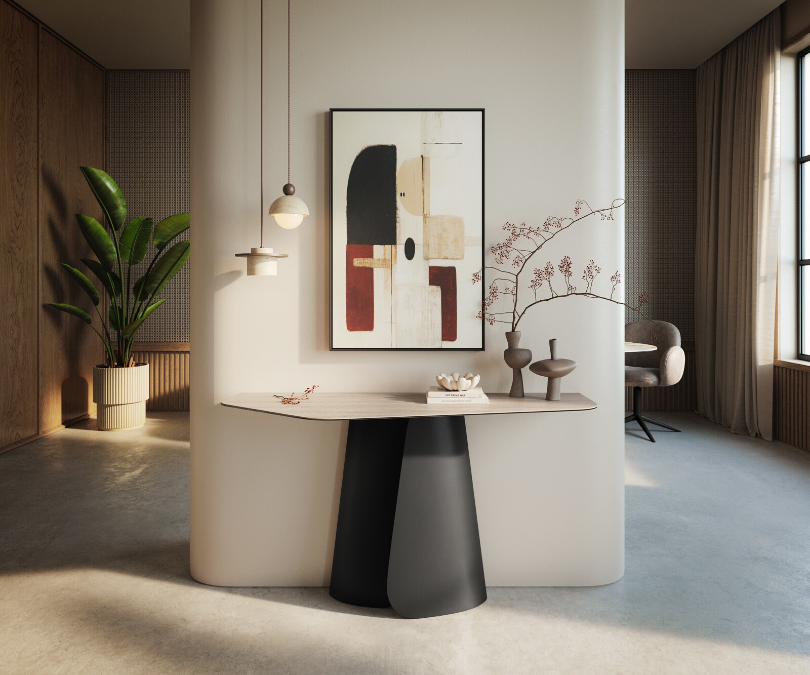 Consoletafel Edge Polygonaal 140x50 cm Keramiek Laminam® Travertino Bianco Creme-Weiß Livos Metaal Zwart 4