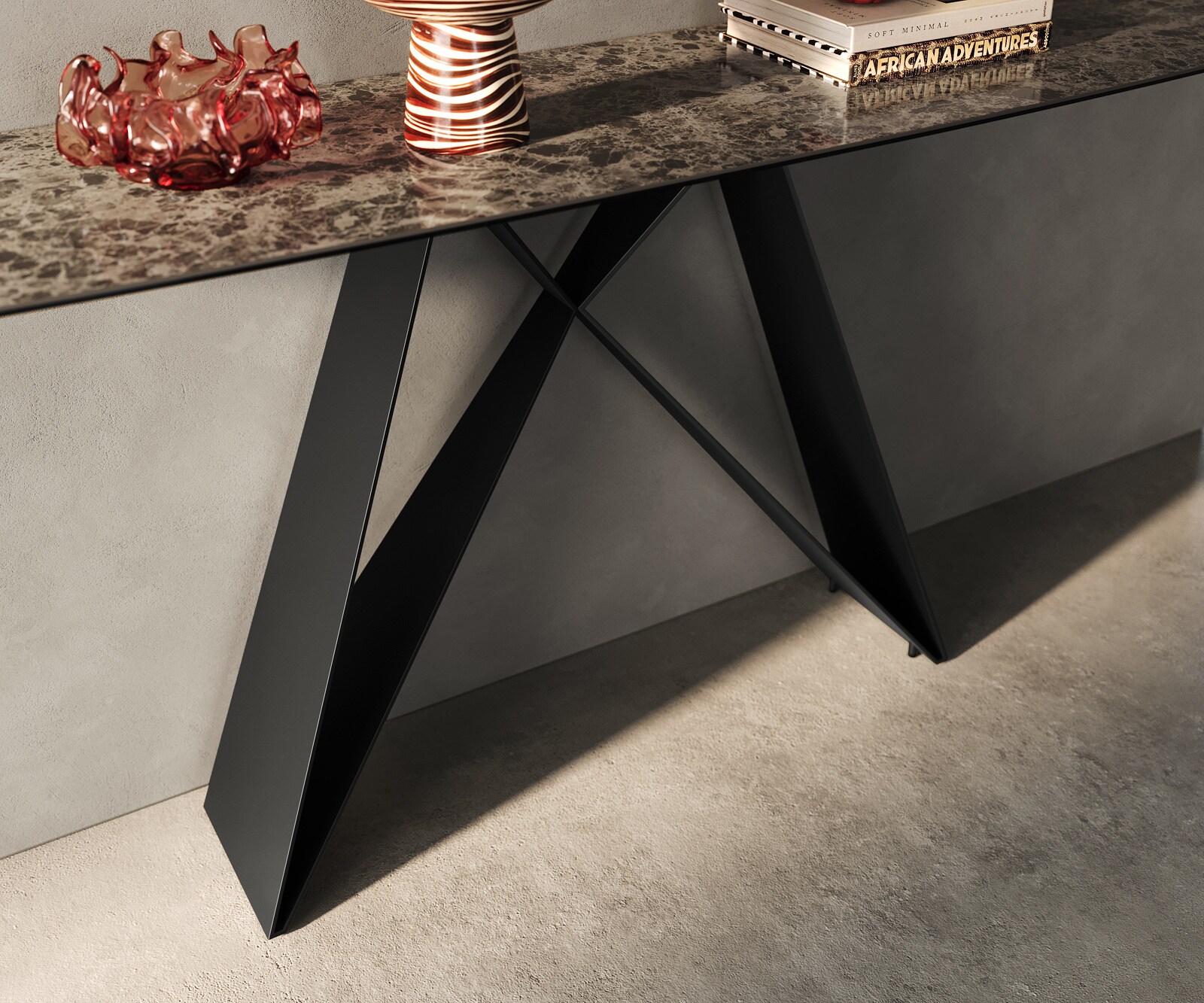 Consoletafel Edge Bootvorm 180x40 cm Keramiek Emperador Extra Lucidato Dunkelbraun Velio Metaal Zwart 6