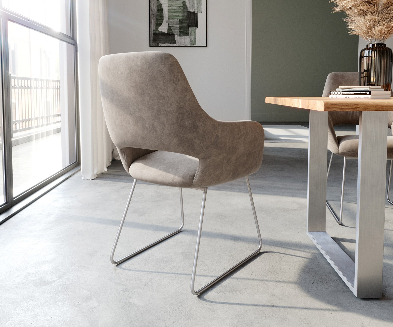 Eetkamerstoel Yago-Flex met armleuning microvelours taupe vintage slipframe roestvrij staal pocketveer kern 5