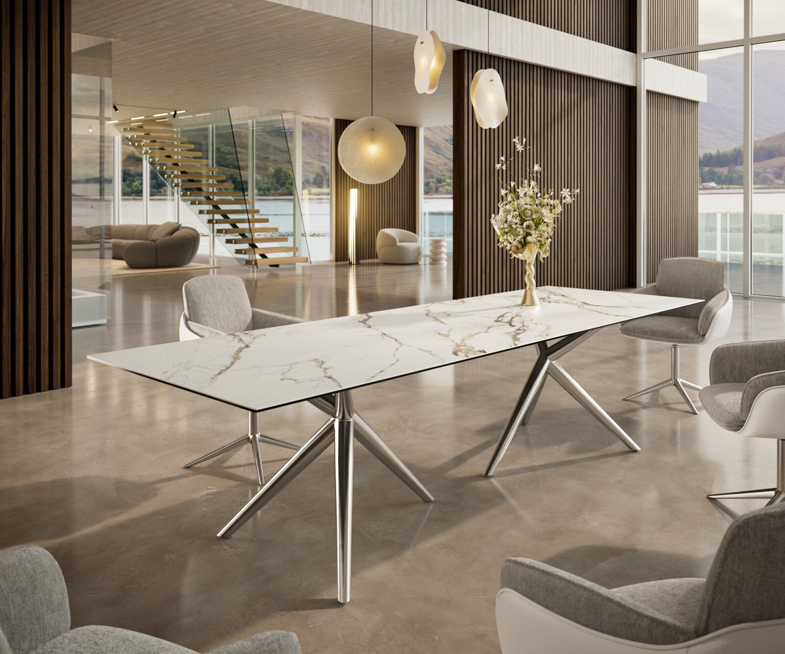 Eetkamertafel Edge 300x100 keramiek Calacatta Luxe wit-Gold-grijs Estelar rond  roestvrij staal 1