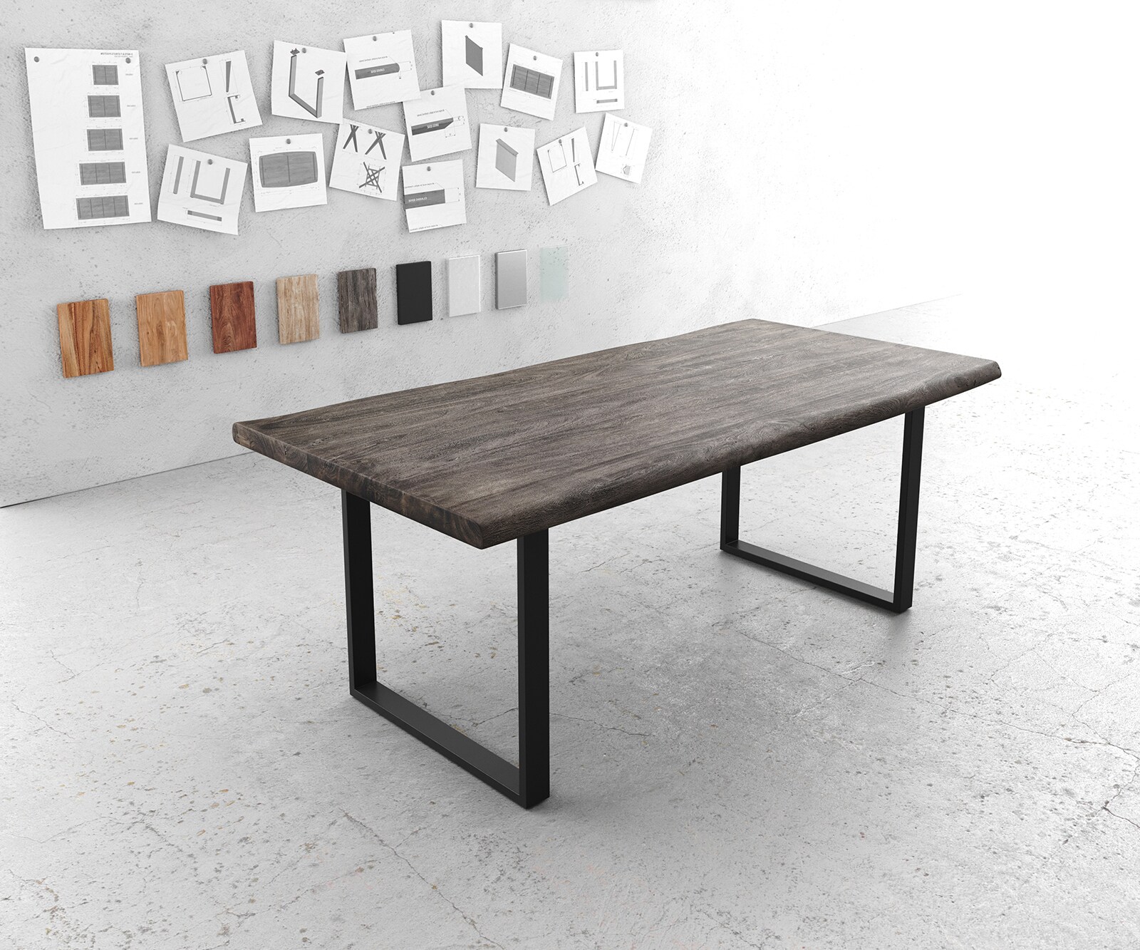 Eettafel Edge 200x100 XL acacia platina skidframe zwart Live-Edge