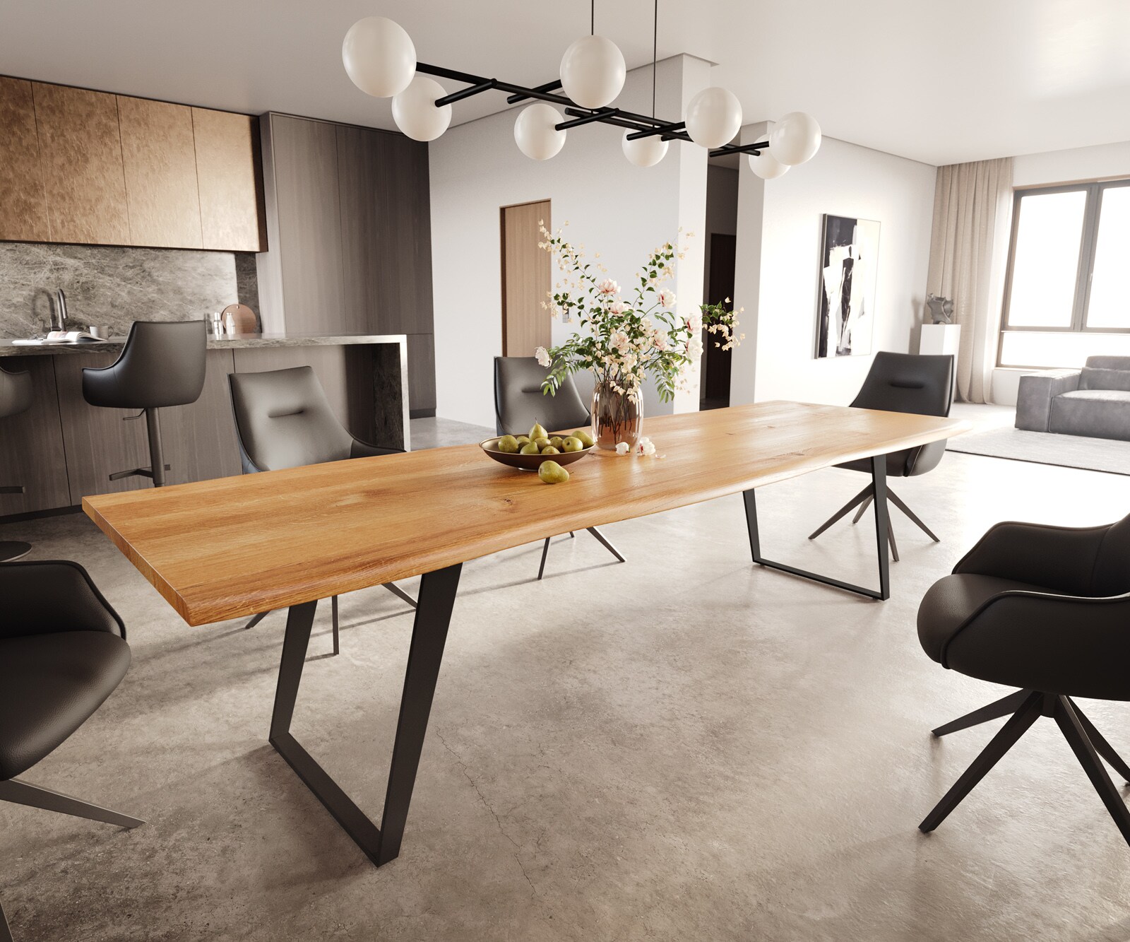 Eettafel Edge 300x100x4 eiken natuur metaal schuin zwart Live-Edge