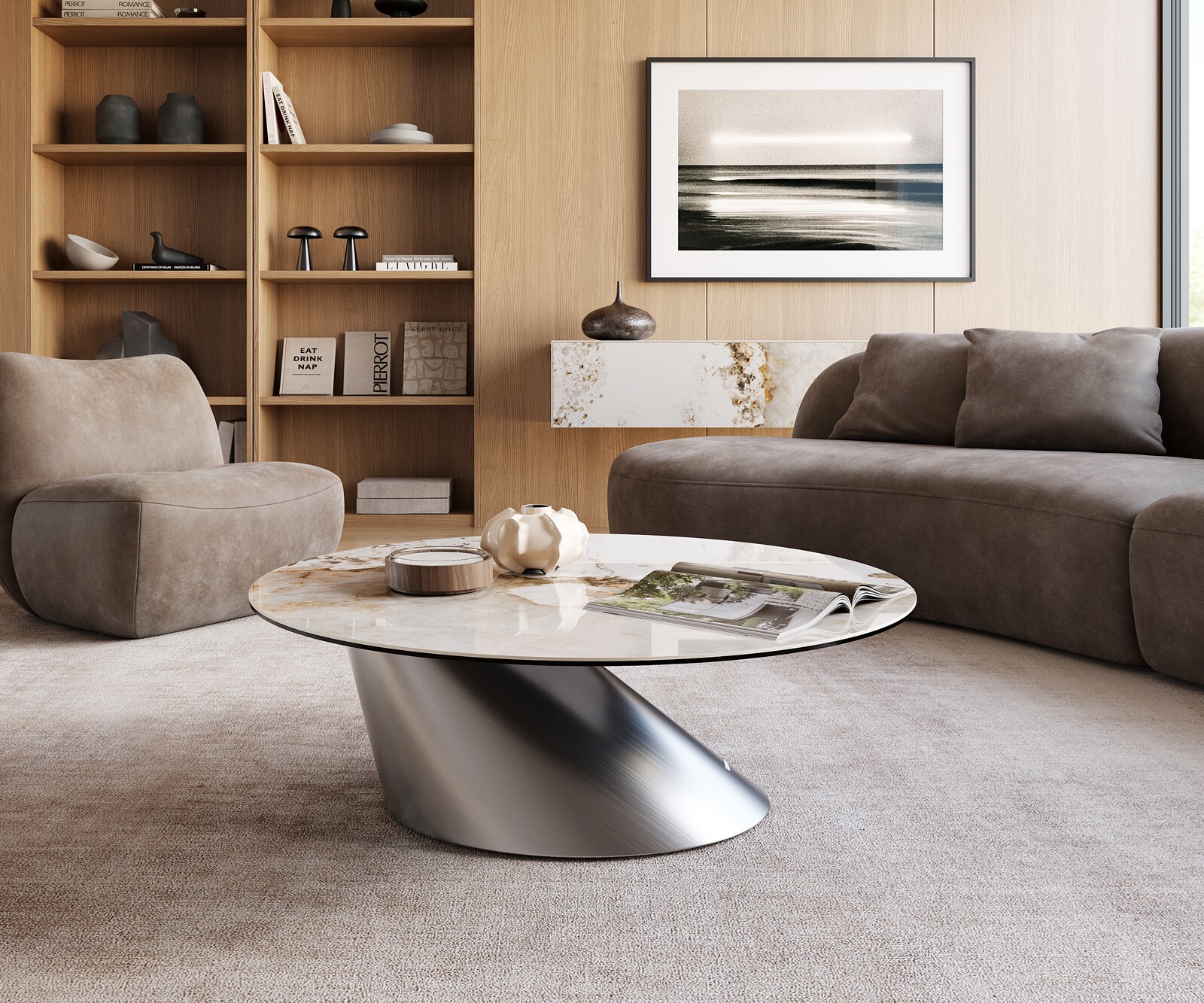Salontafel Edge rond 100x100 cm keramiek Minas Melange Conis geborsteld roestvrij staal 2