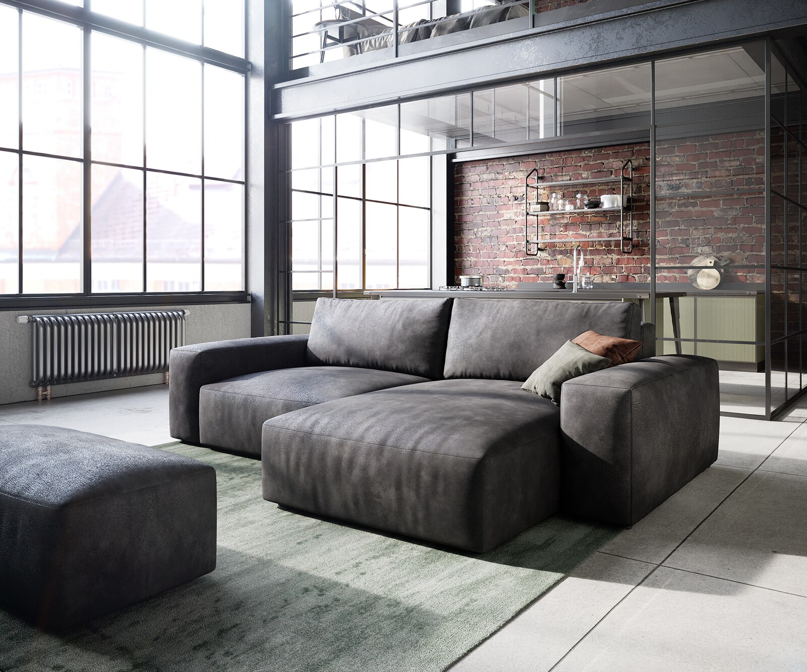 Hoeksofa Lanzo 230x155 cm kunstleer vintage antraciet met variabele recamière en hocker