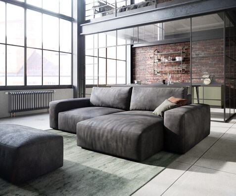 Hoeksofa Lanzo 230x155 cm kunstleer vintage antraciet met variabele recamière en hocker