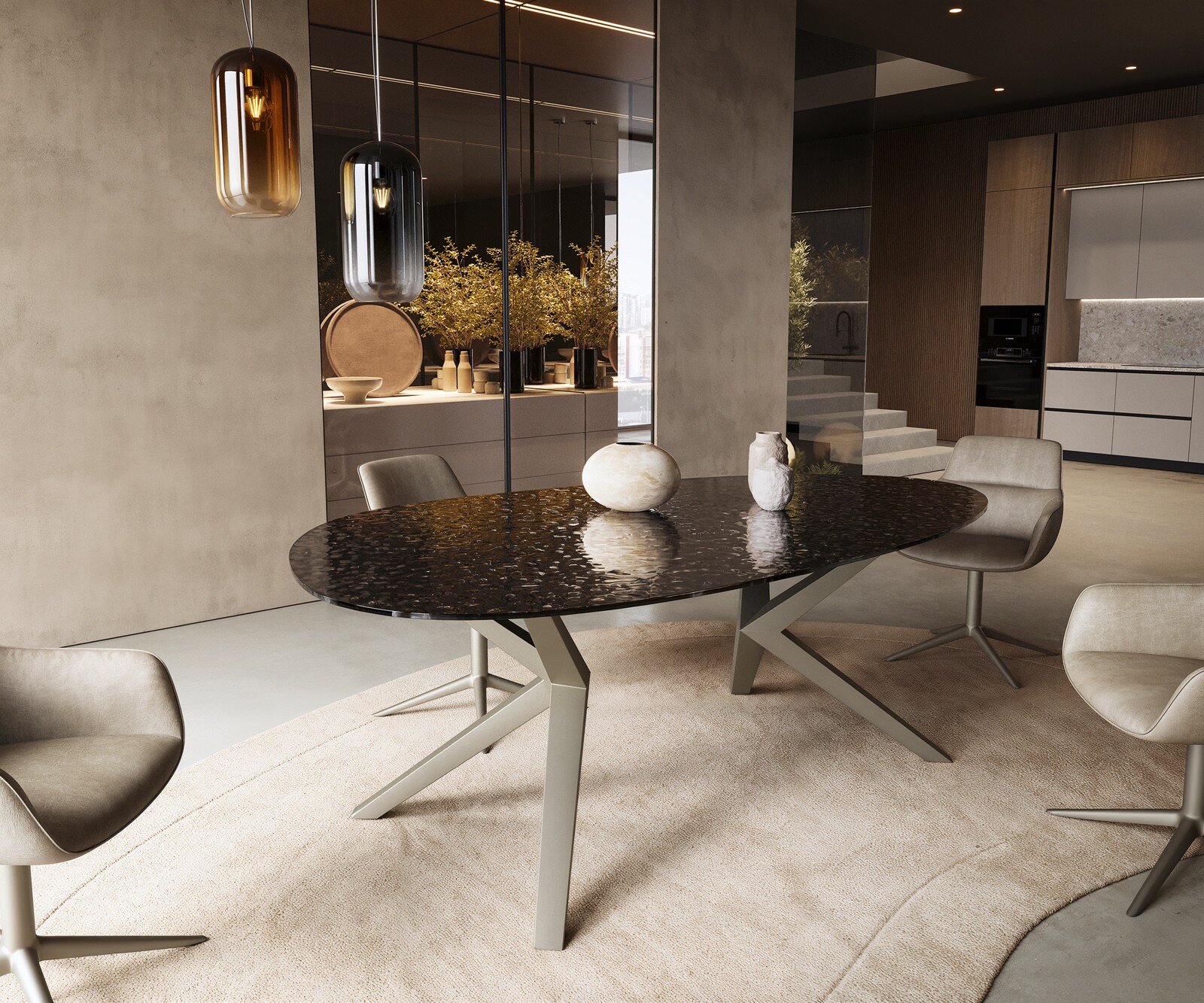 Eetkamertafel Edge ovaal 220x120 reliëfglas Rauchzwart 3D-Design Zenthara hoekig metaal effectafwerking titaan