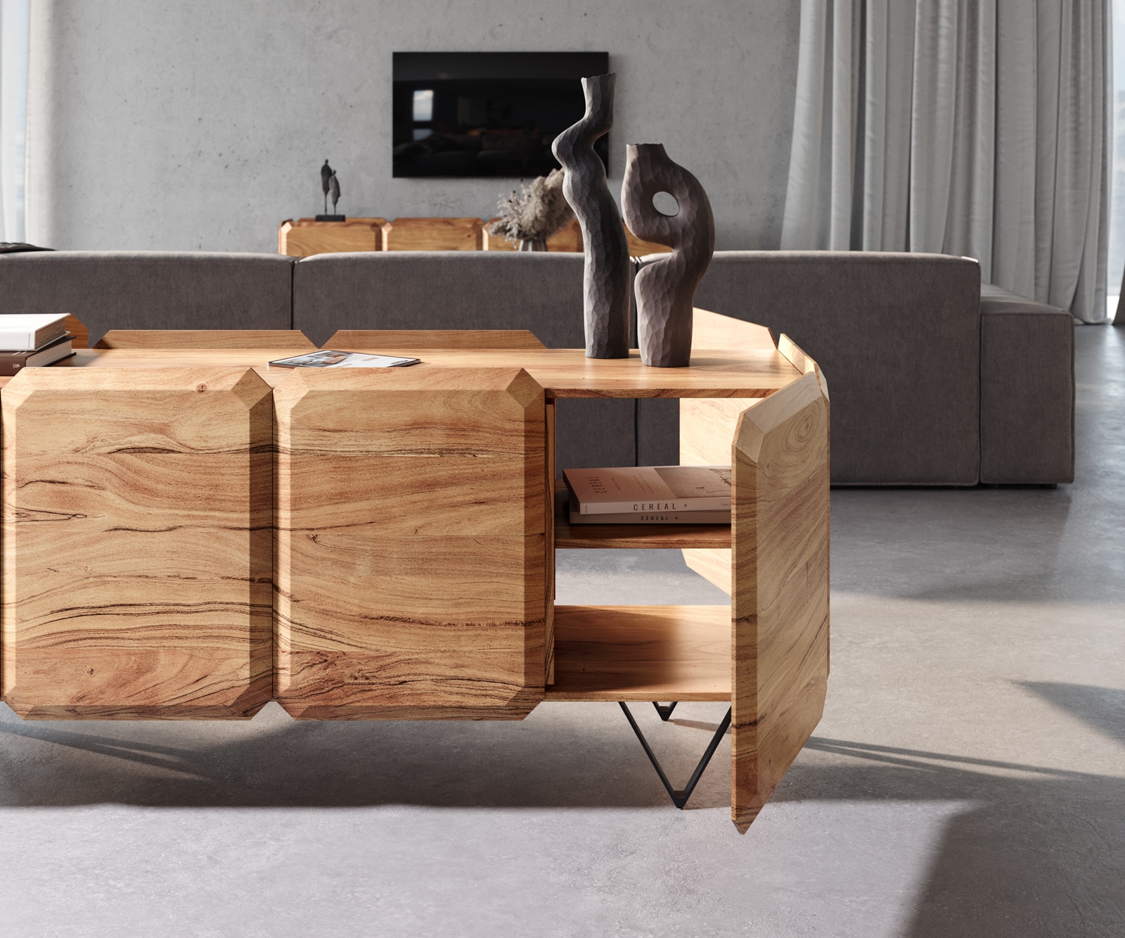 Sideboard Kiano 175 cm Acacia Natuur 4 Deuren V-voet Zwart Roomdivider 4 Sideboard Kiano 175 cm Acacia Natuur 4 Deuren V-voet Zwart Roomdivider 4