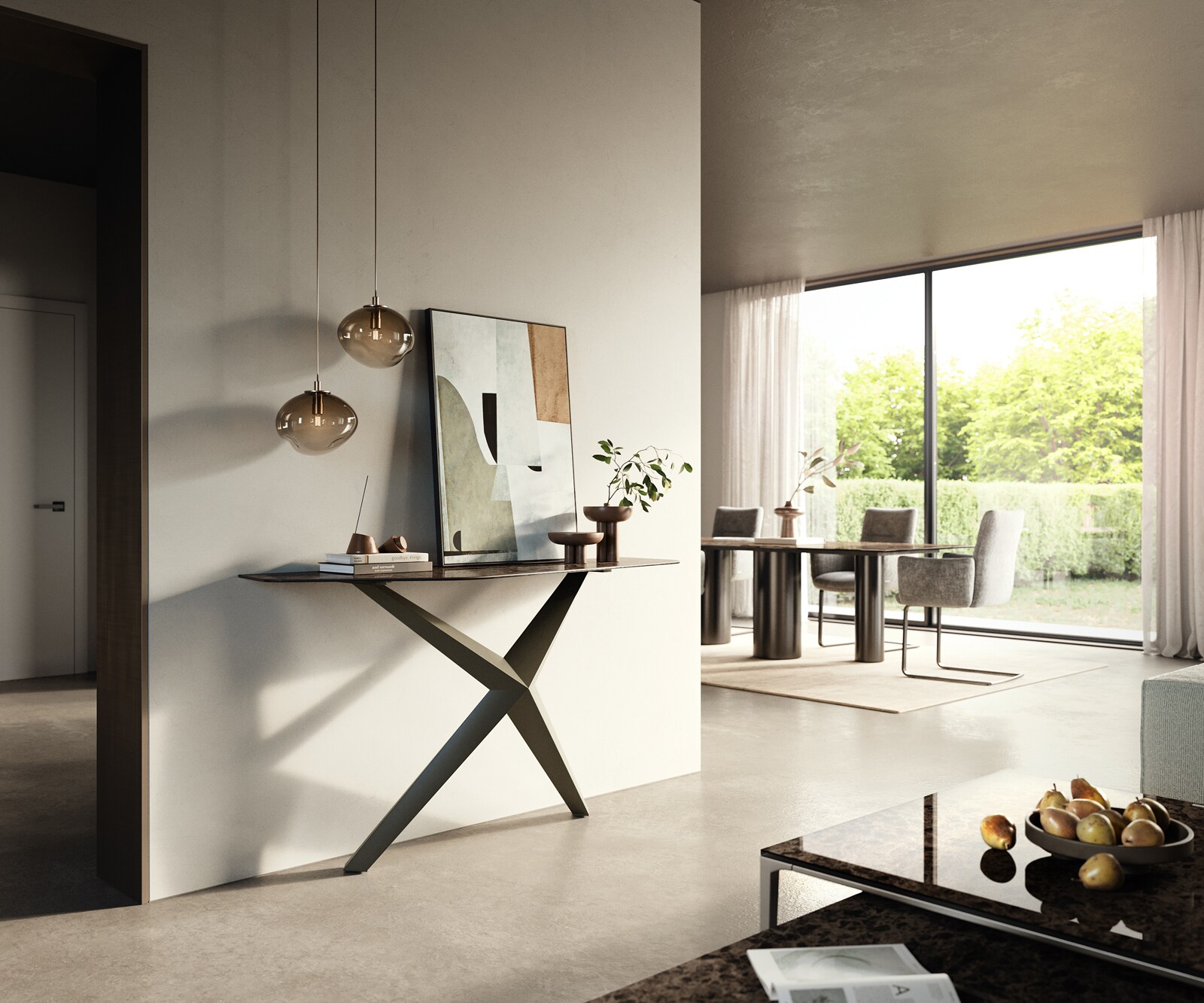 Consoletafel Edge Polygonaal 140x50 cm Keramiek Emperador Extra Lucidato Dunkelbraun Zentharo Metaal Effektfinish Titan 6