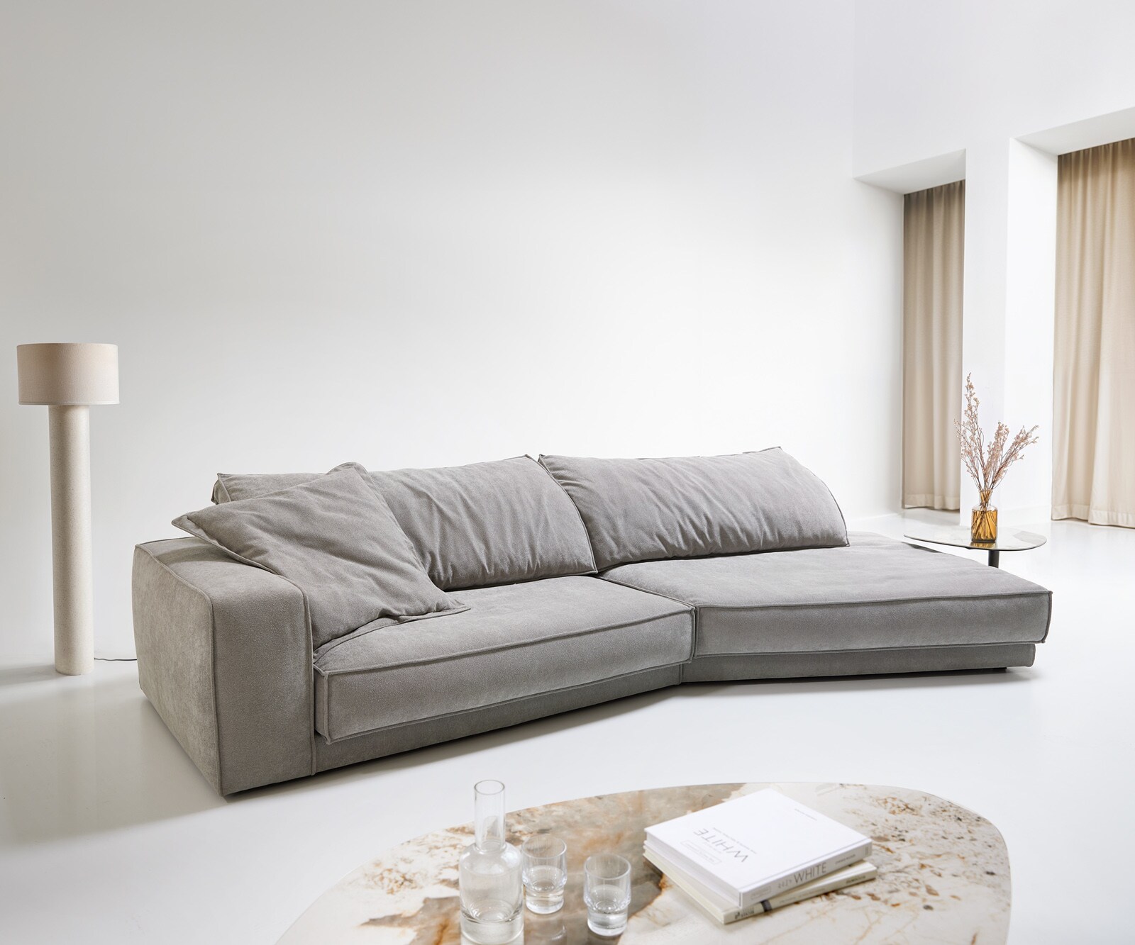 Big- Sofa Snoosh 400x150 cm vlakgeweven grijs Recamiere rechts