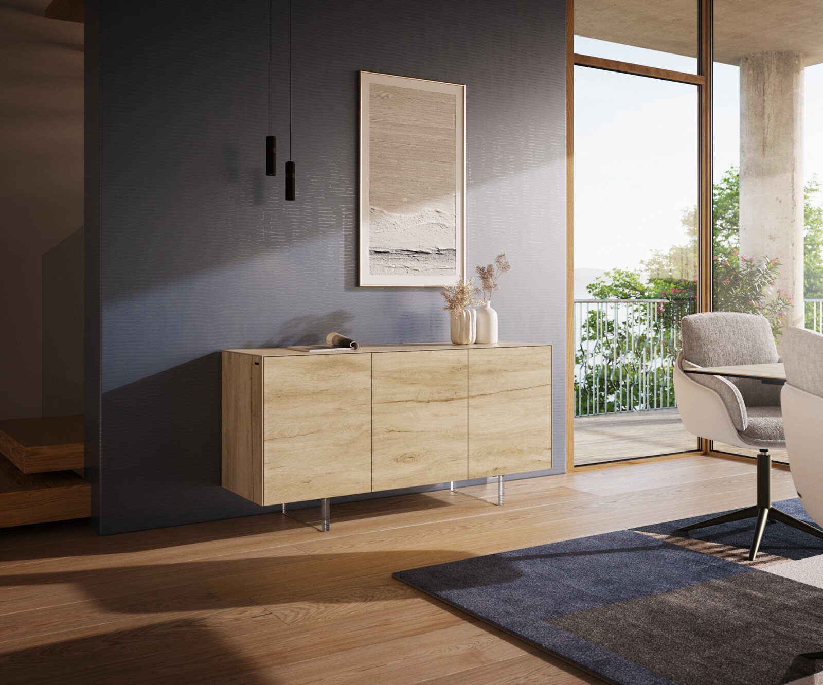 Dressoir Cuor 150 cm Keramiek Laminam® Sabbia Eiken gekleurd 3 Deuren Zwevende voet look Acrylglas