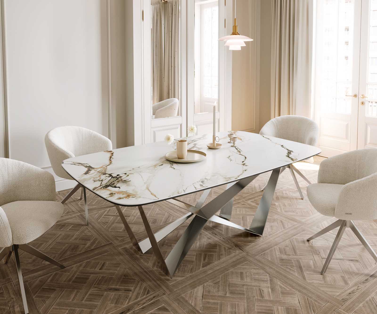 Eetkamertafel Edge Boot 200x100 keramiek Calacatta Luxe wit-goud-grijs spider vlak staal RVS