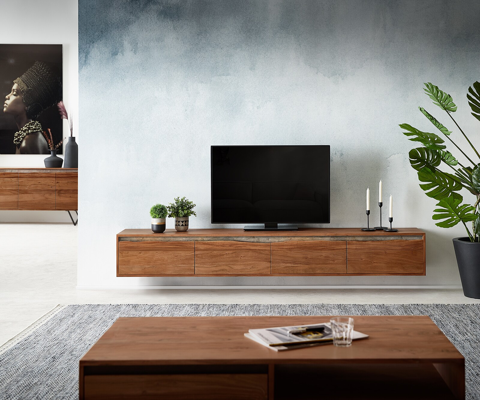 Tv-meubel Stonegrace 220 cm acacia bruin boomkant 4 deuren zwevend 1