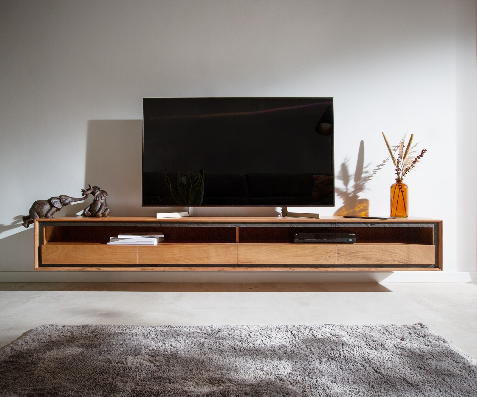 Tv-meubel Stonegrace 240 cm acacia natuur 2 vakken 4 laden steenfineer zwevend 1 Tv-meubel Stonegrace 240 cm acacia natuur 2 vakken 4 laden steenfineer zwevend 1