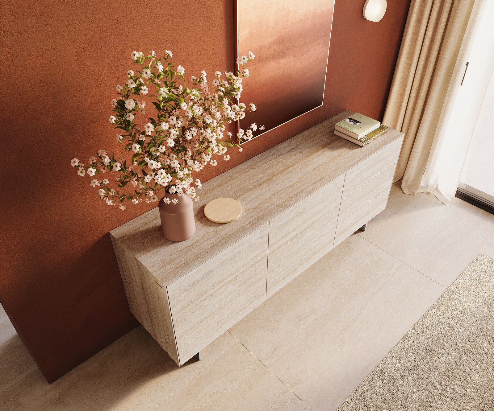 Dressoir Cuor 180 cm Keramiek Laminam® Travertino Bianco Crème-wit 2 Deuren 3 Laden Zwevende voet look Roestvrij staal 4