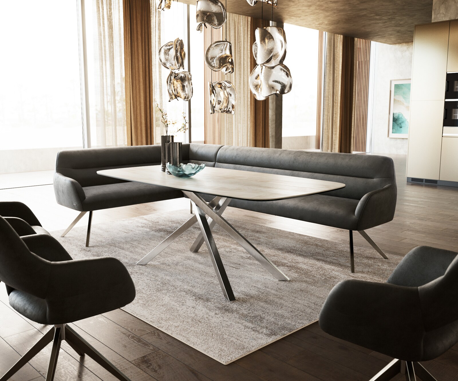 Eetkamerbank Taya-Flex 285x190 cm microvelours anthraciet vintage hoekig kruisframe roestvrij staal pocketvering rechts 1