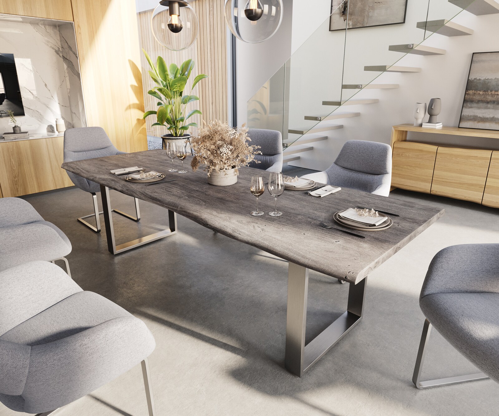 Eettafel Edge 260x100 acacia platina roestvrijstaal smal Live-Edge