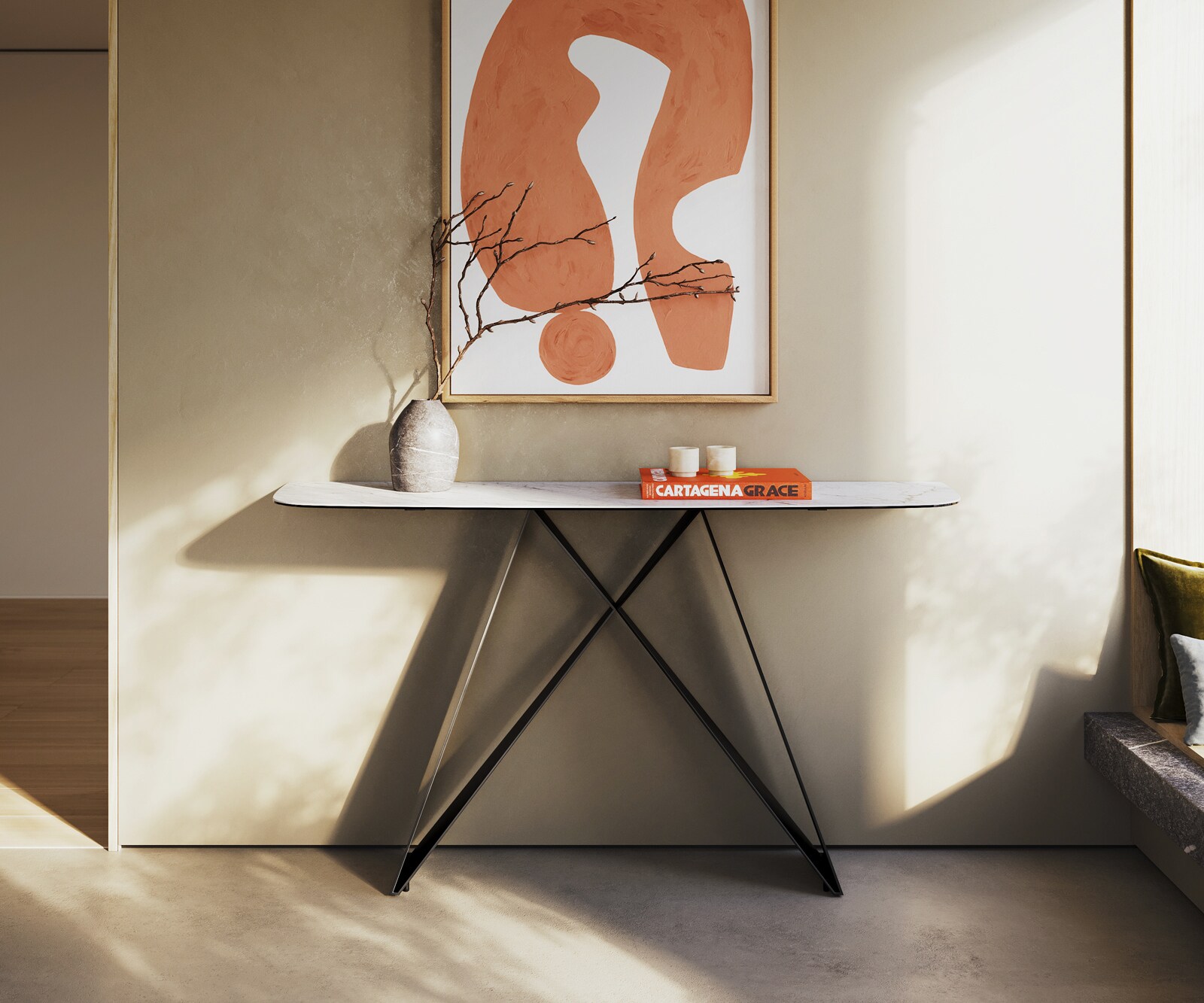 Consoletafel Edge Bootvorm 140x40 cm Keramiek Laminam® Statuarietto Weiß Velio Metaal Zwart 1