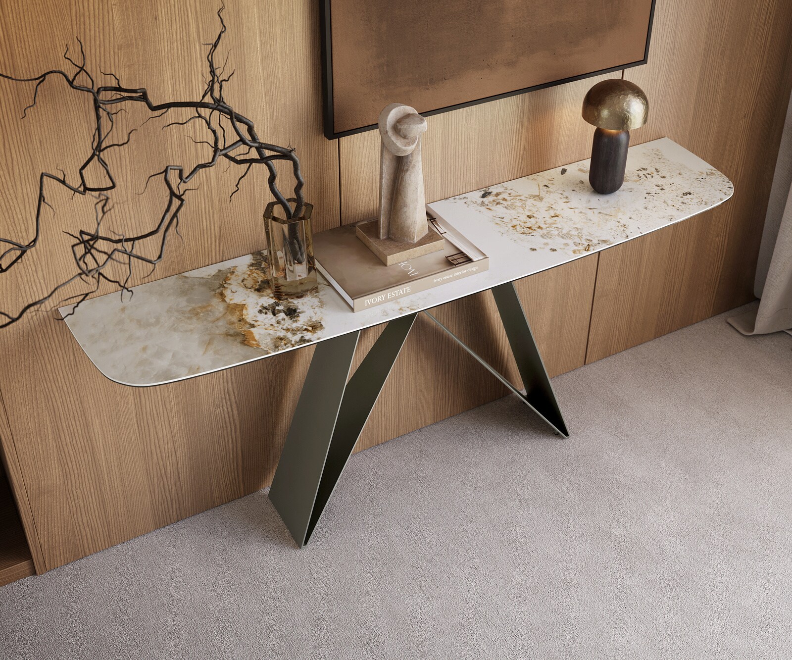 Consoletafel Edge Bootvorm 180x40 cm Keramiek Minas Melange Weiß-Beige Velio Metaal Effektfinish Titan 2