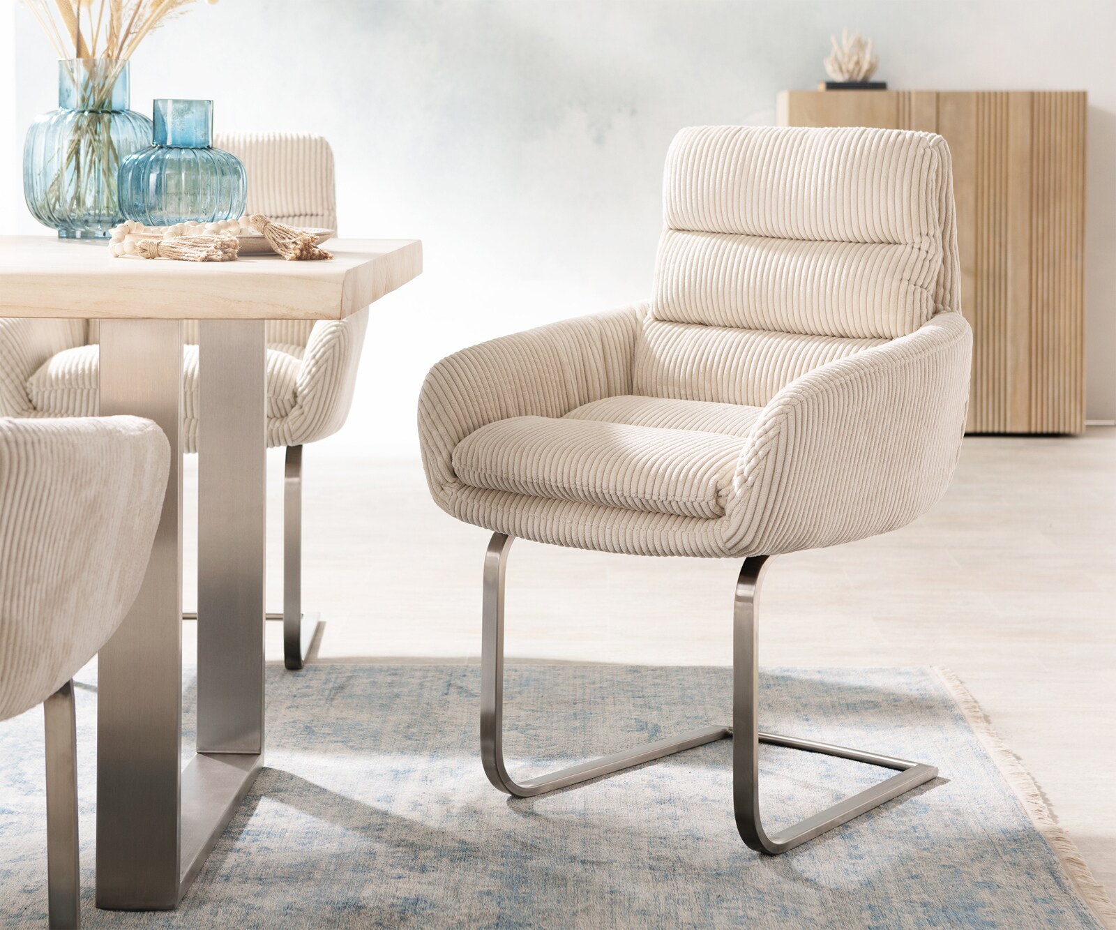 Sledemodel Abelia-Flex met armleuning koord beige sledemodel vlak roestvrij staal Sledemodel Abelia-Flex met armleuning koord beige sledemodel vlak roestvrij staal