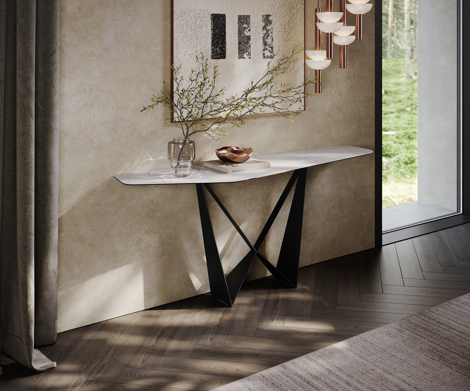 Consoletafel Edge Polygonaal 180x50 cm Keramiek Laminam® Statuarietto Weiß Spios Metaal Zwart 4