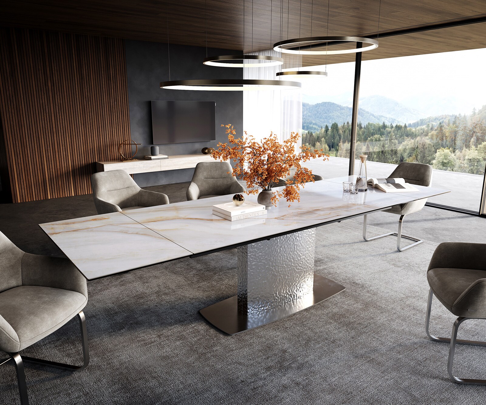 Eettafel Edge 200-300x100 cm keramiek Onyx Pearl Wave roestvrij staal uittrekbaar 1