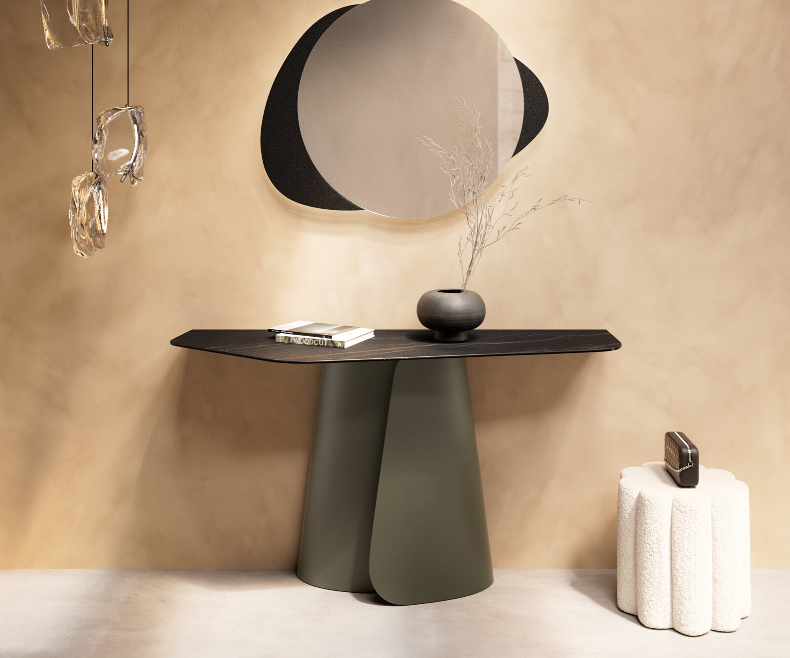 Consoletafel Edge Polygonaal 140x50 cm Keramiek Laminam® Noir Desir Braun Livos Metaal Effektfinish Titan 4