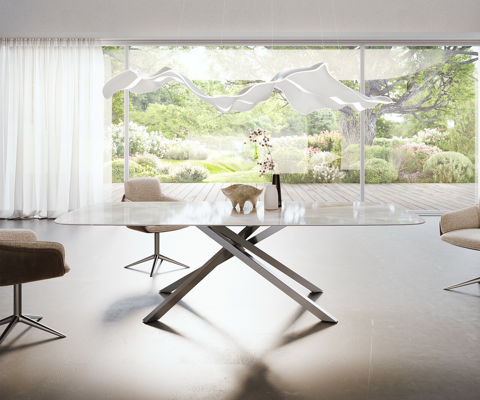 Eetkamertafel Edge Boot 270x120 cm Keramiek Iris FMG Onice Grigio kruisonderstel Rechthoek Roestvrij staal 2