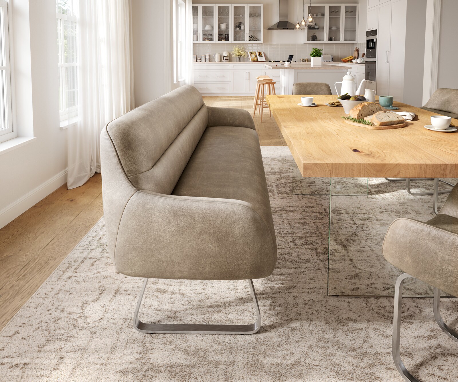 Eetkamerbank Taya-Flex 200 cm microvelours beige vintage platte sledebasis roestvrij staal pocketvering 1