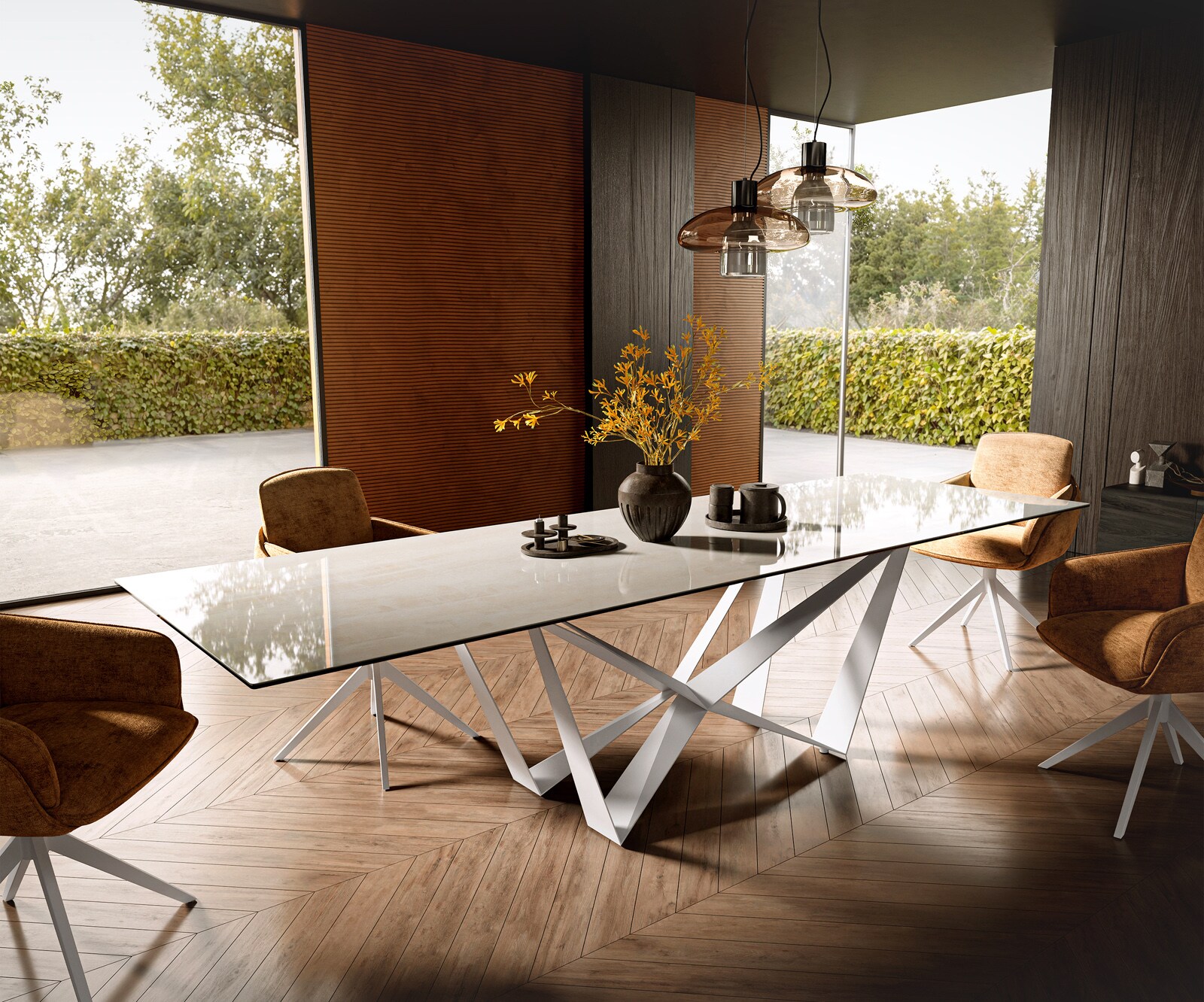 Eettafel Edge 300x100 cm keramiek Onyx Champagne Spider metaal wit