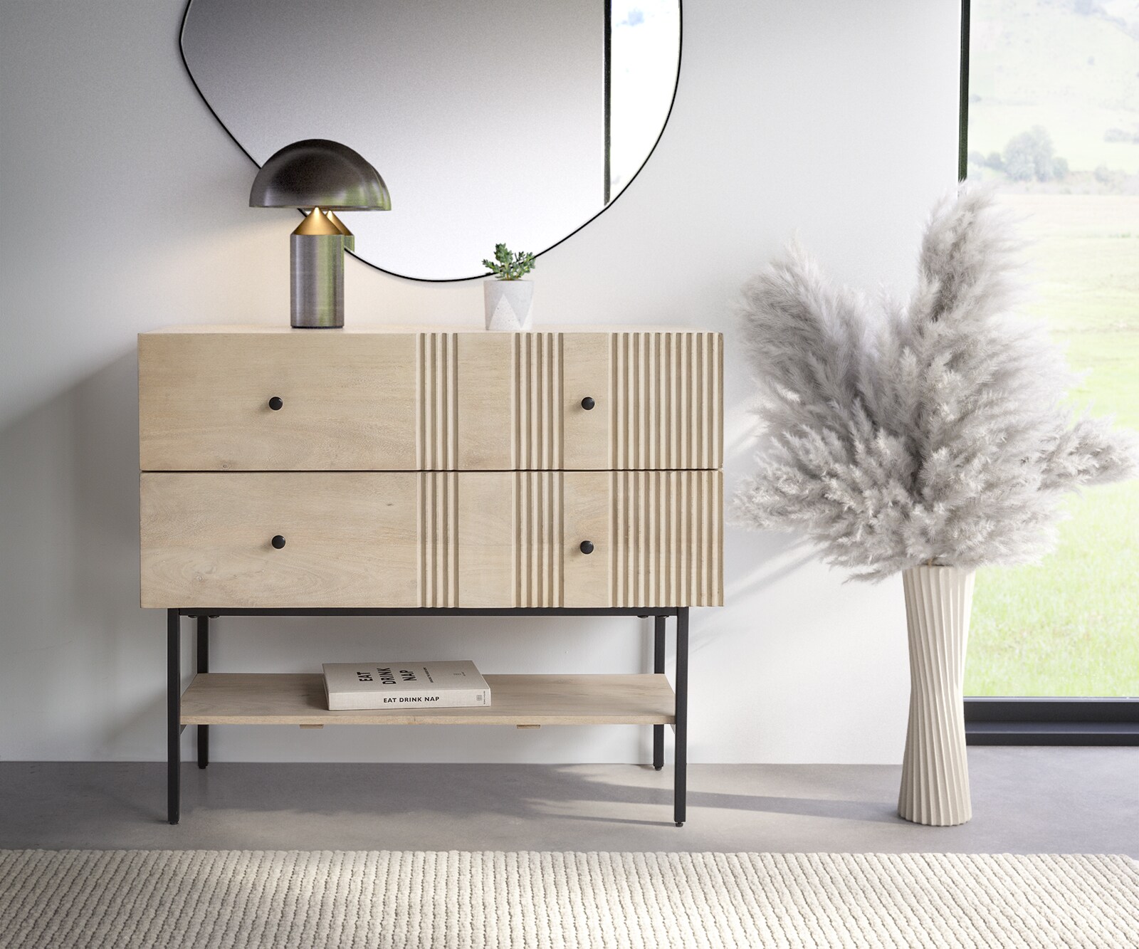 Dressoir Neria 100 cm Mango White Wash metaal zwart 2 Laden