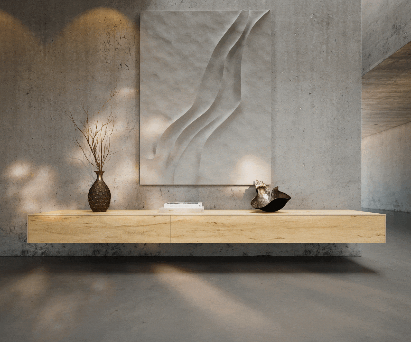 Tv-meubel Cuor 250 cm Keramiek Laminam® Sabbia Eiken gekleurd 1 Flap 1 Lade Zwevend 2