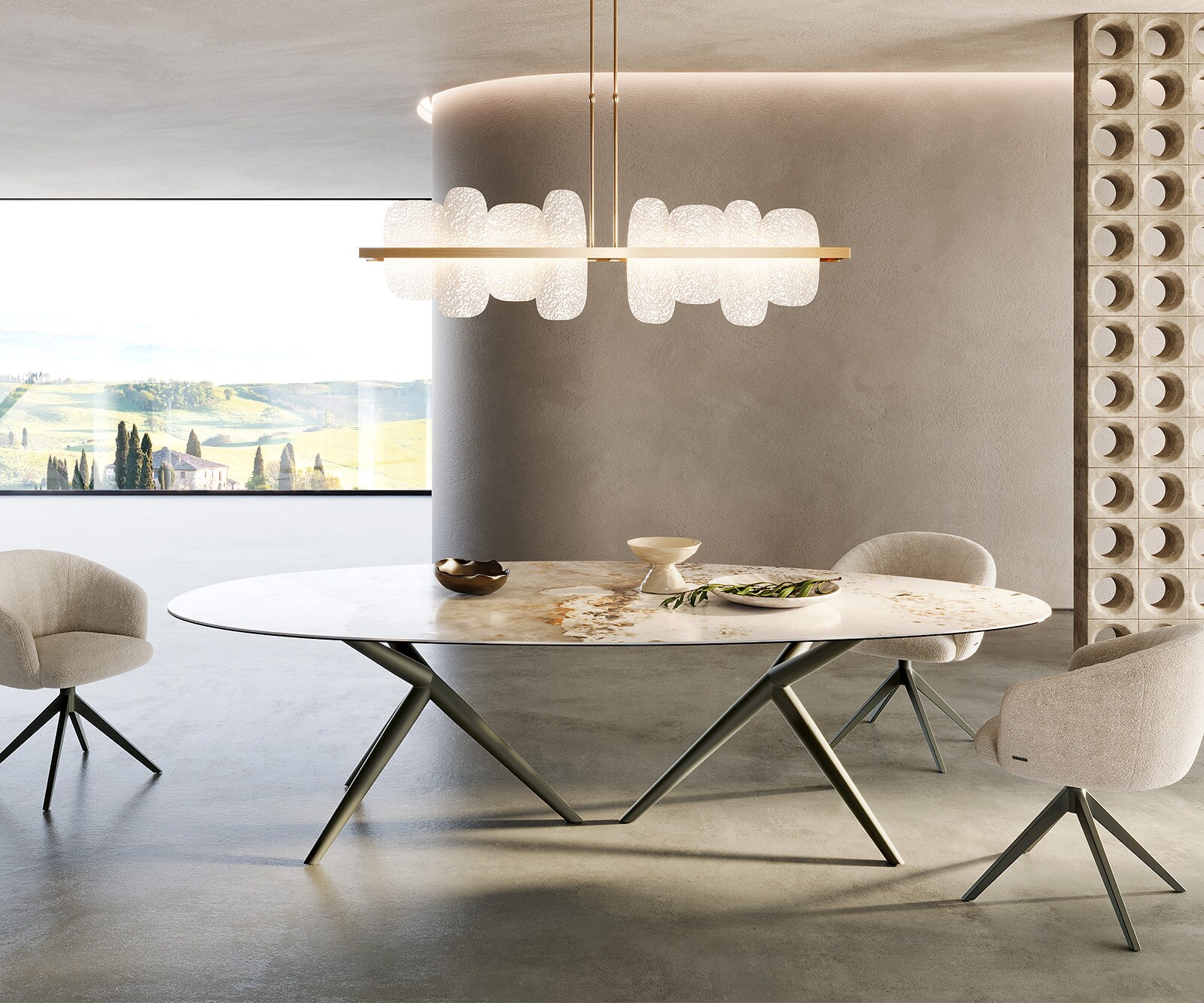 Eettafel Edge Oval 280x130 keramiek Minas Melange wit-beige Estelar rond metaal effect afwerking titanium Eettafel Edge Oval 280x130 keramiek Minas Melange wit-beige Estelar rond metaal effect afwerking titanium