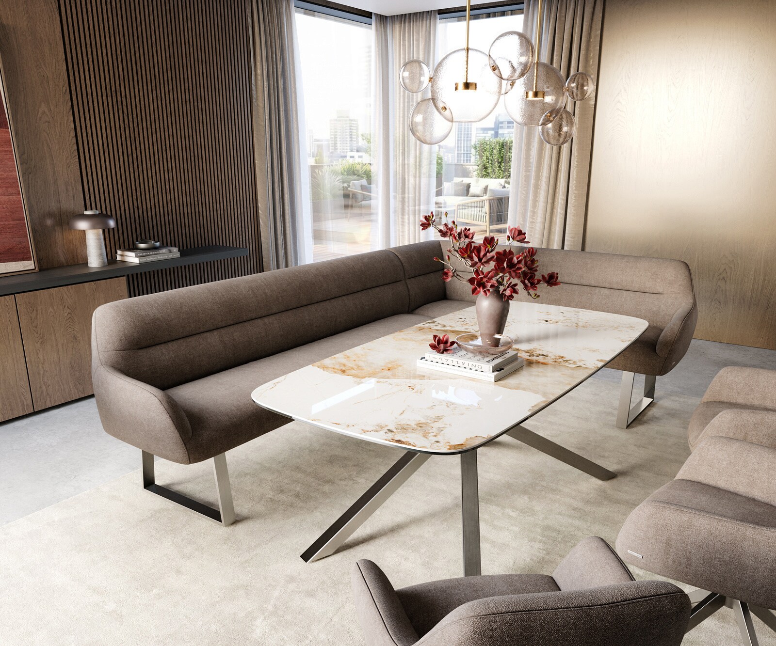 Eetkamerbank Taya-Flex 285x190 cm zachte stof met structuur taupe gekant sledeframe roestvrij staal pocketvering links 1