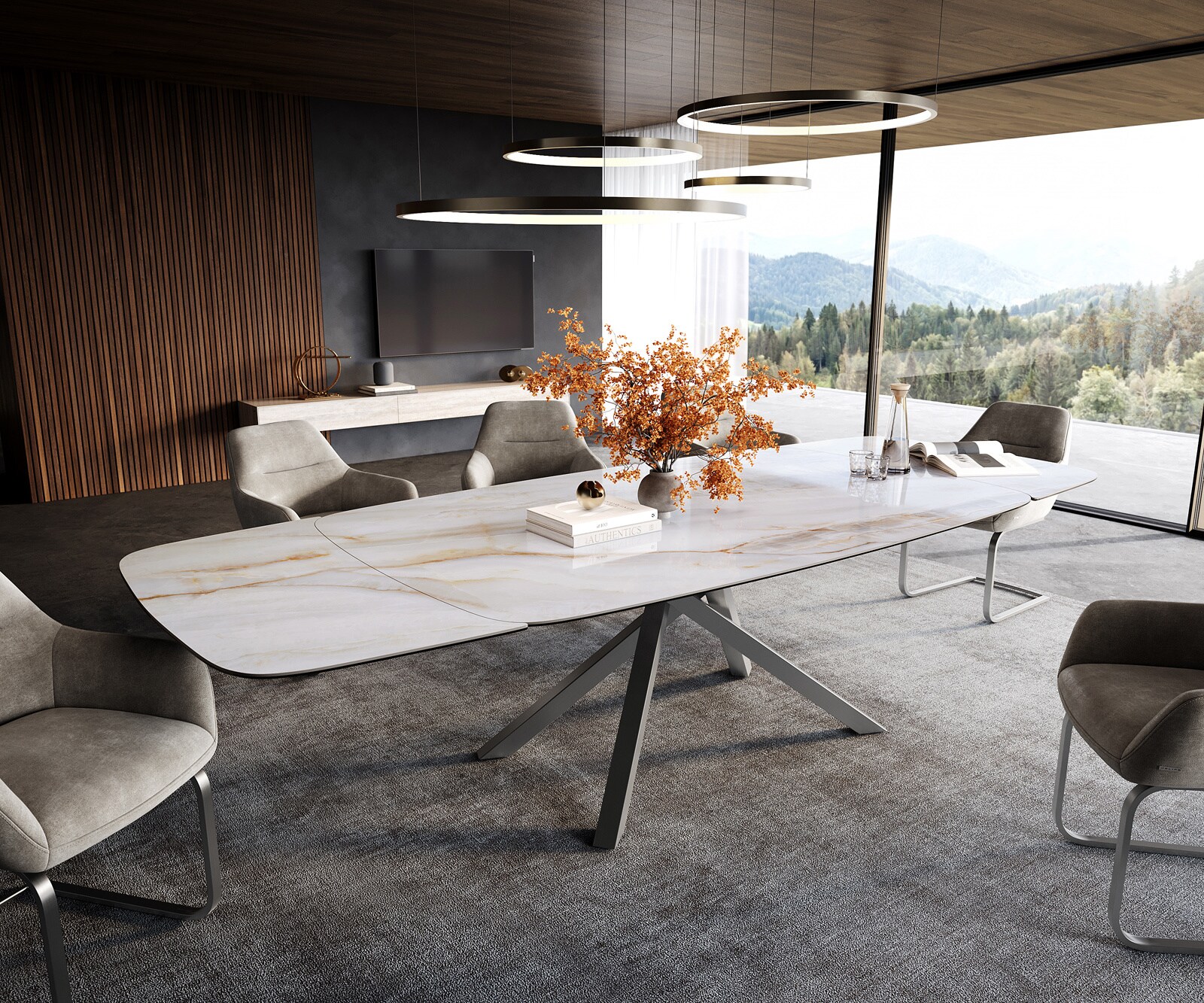 Eettafel Edge Boot 200-300x120 cm Keramiek Onyx Pearl kruisonderstel Rechthoek Roestvrij staal uitschuifbaar 1