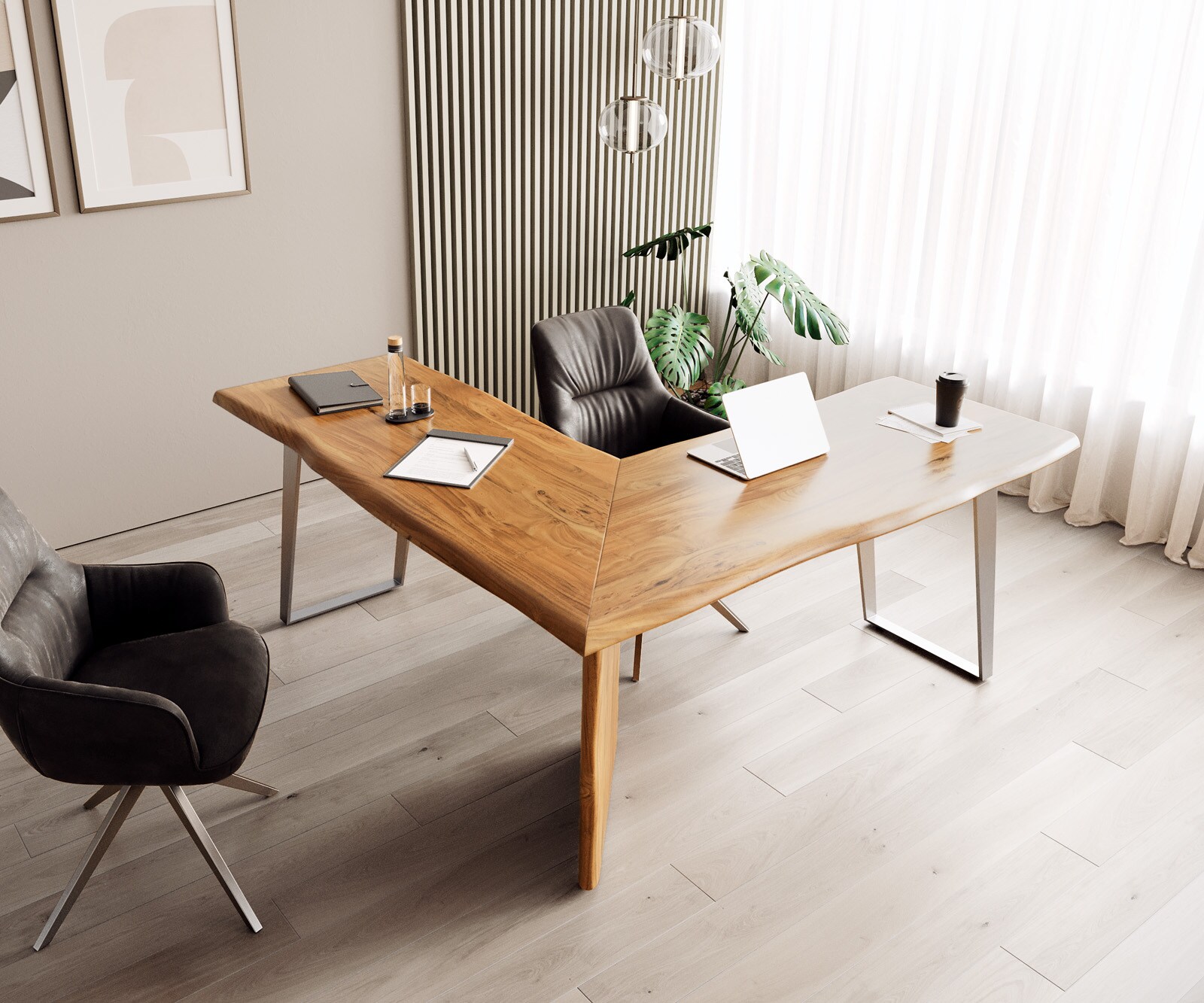 Bureautafel Live-Edge acacia natuur 180x180 frame zilver boomkant 4