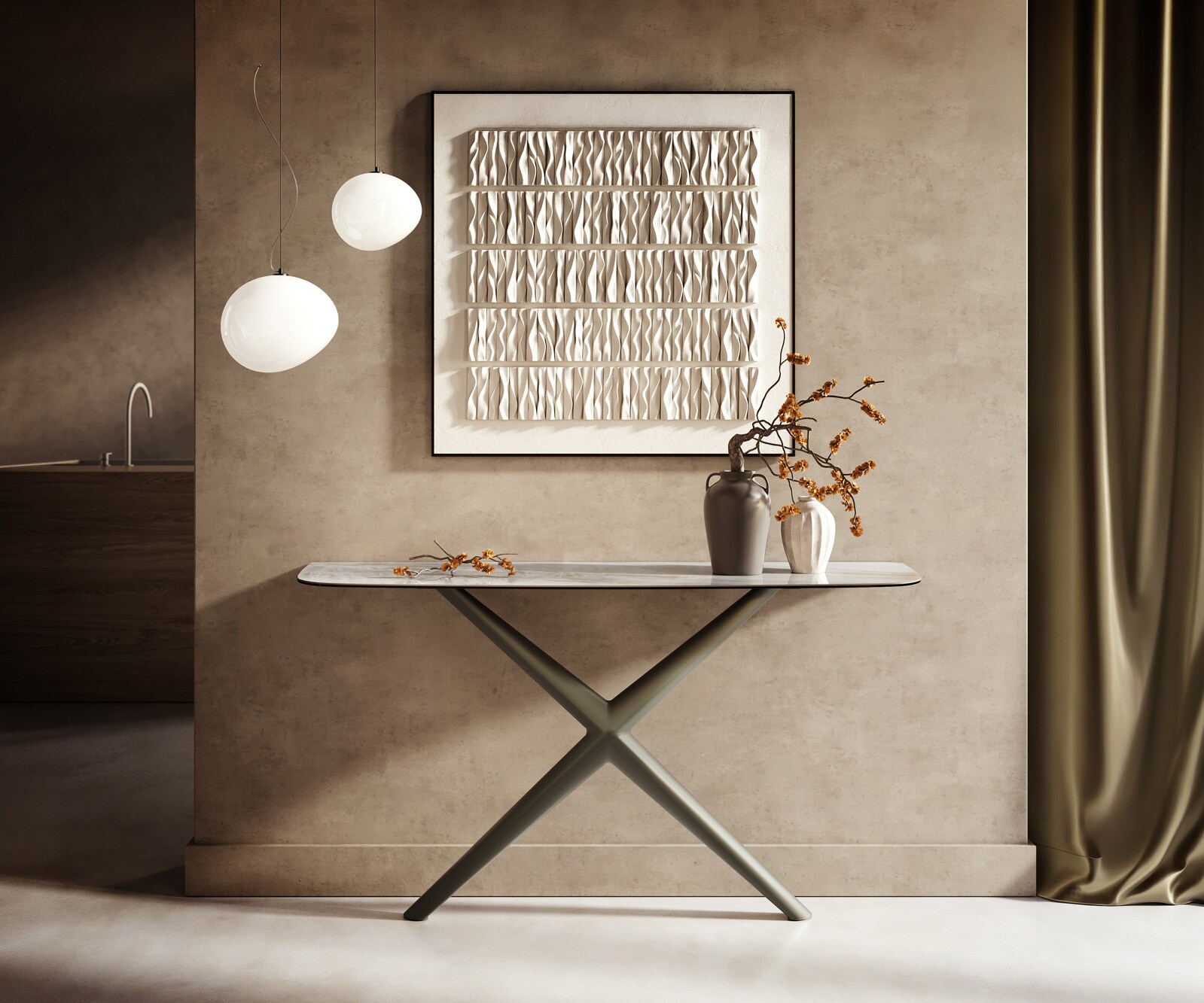 Consoletafel Edge Bootvorm 140x40 cm Keramiek Onyx Pearl Estelo Metaal Effektfinish Titan 1