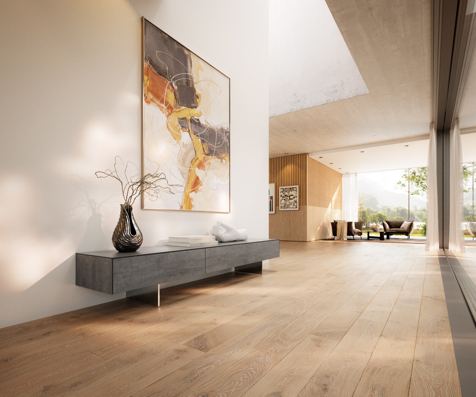 Tv-meubel Cuor 200 cm Keramiek Beton Grijs 1 Flap 1 Laden Zwevende voet look Roestvrij staal 1