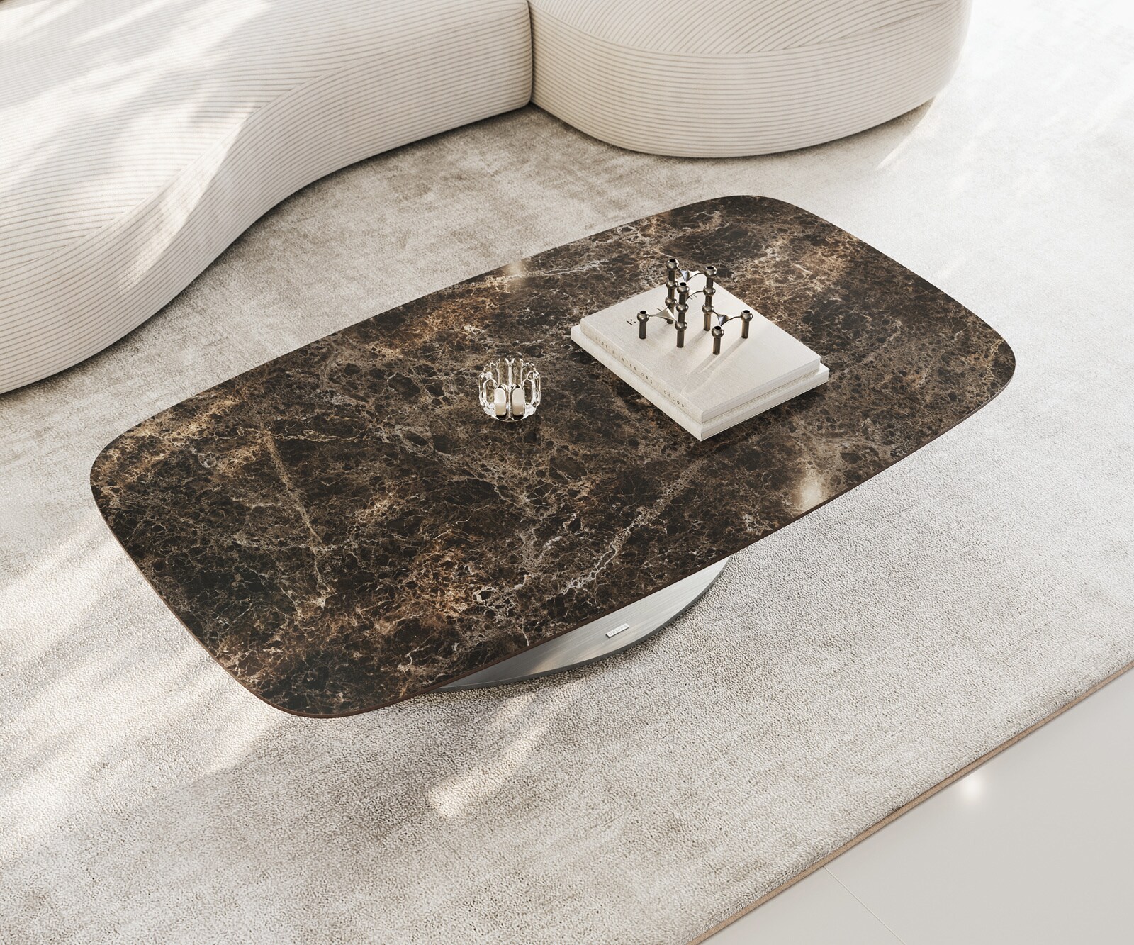 Salontafel Edge Boot 140x80 cm keramiek Laminam® Emperador Extra Lucidato donkerbruin Vibany geborsteld roestvrij staal 4