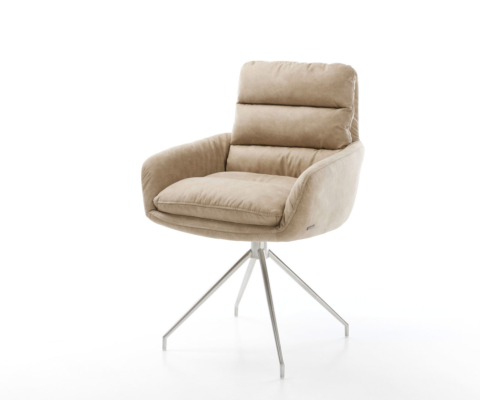 Eetkamerstoel Abelia-Flex met armleuning microvelours beige vintage kruisframe conisch roestvrij staal