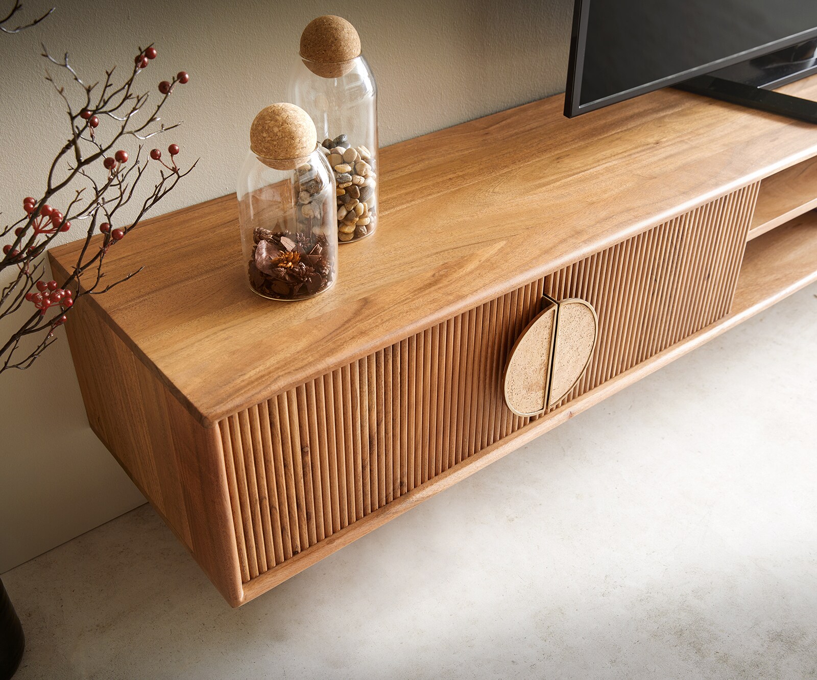 TV-meubel Surimu 240 cm acacia lichtbruin 4 deuren 2 vakken Kork-Griff zwevend 4